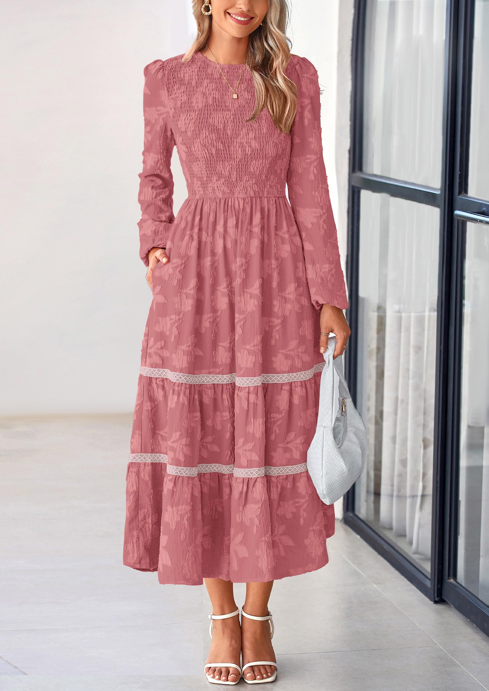 Women's Long Sleeve Boho Floral Midi Dress, Bean Paste Pink,S