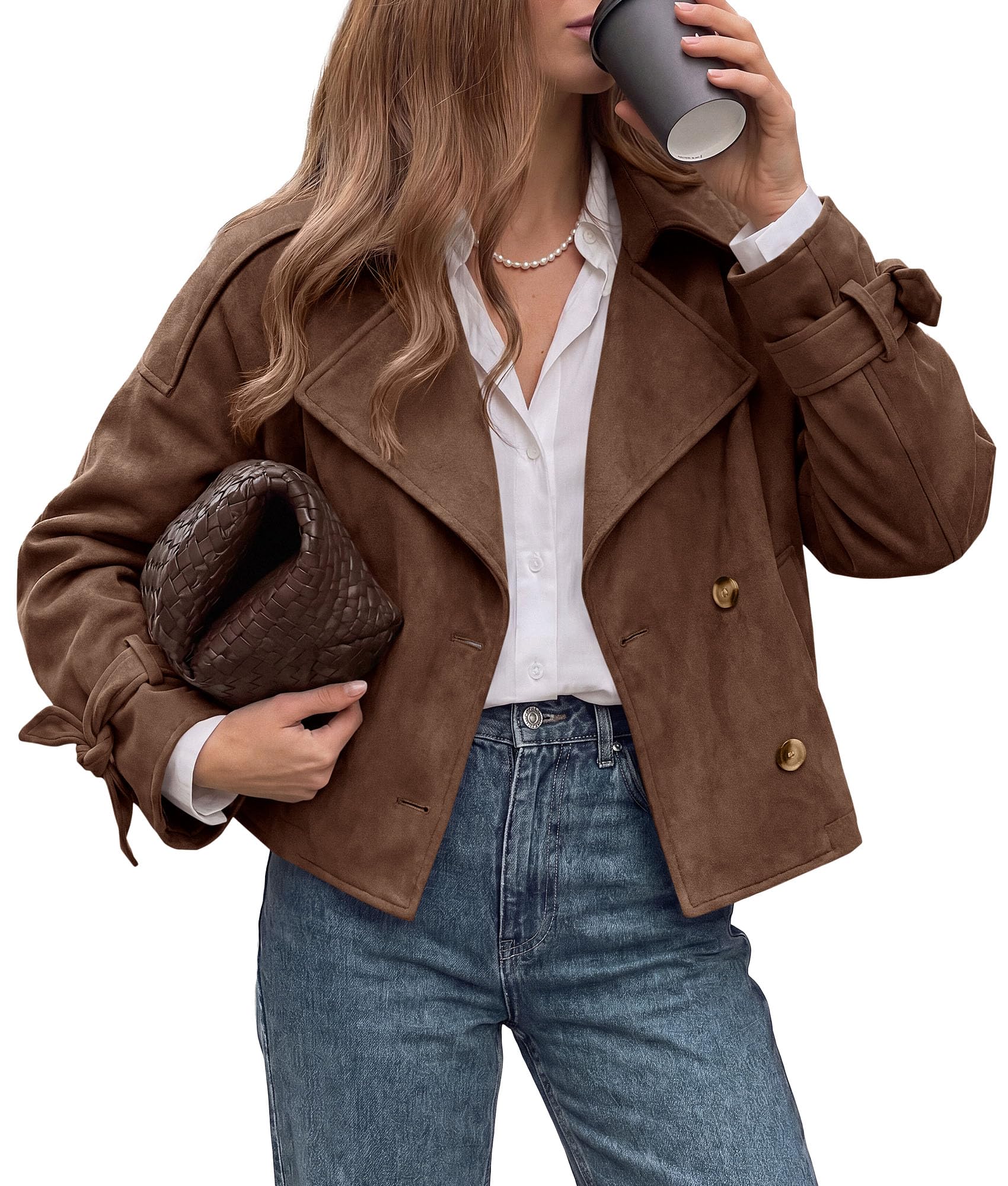 Women Faux Suede Double Breasted Trench Coat Cropped Jackets
