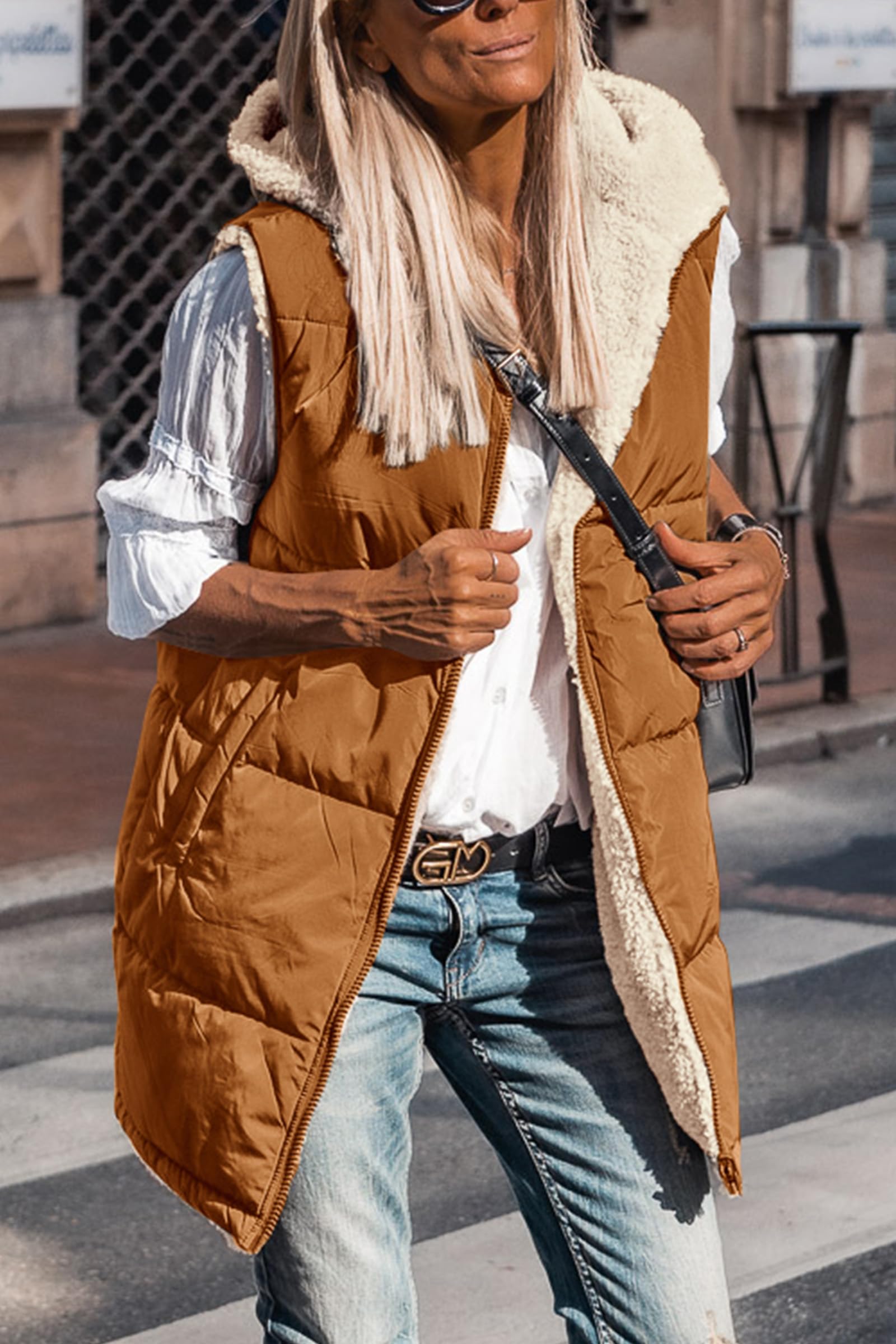 Women's Winter Reversible Fleece Long Vests(Brown,S)