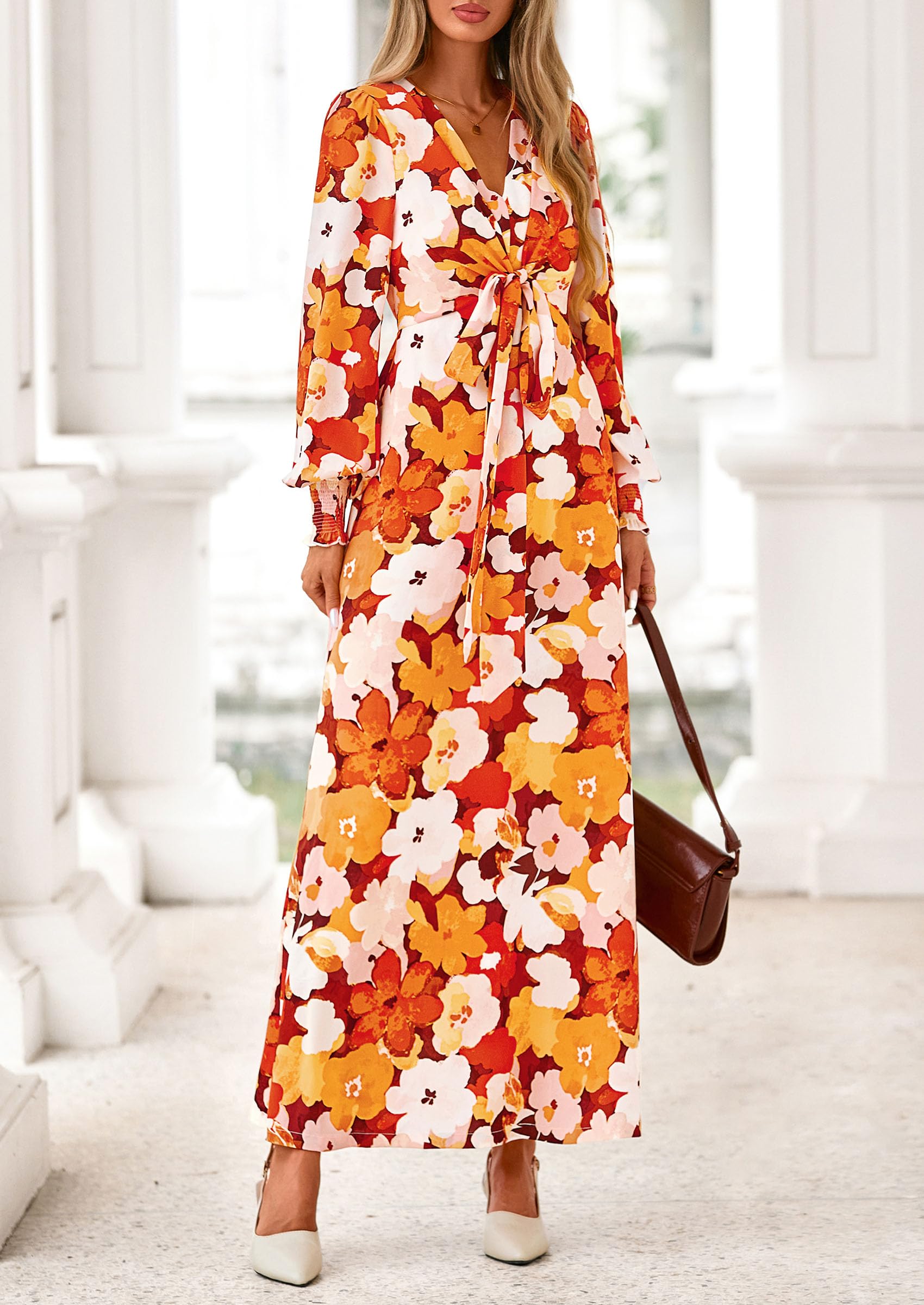 Women's Tie Waist Floral Maxi Dress,Floral Orange,S