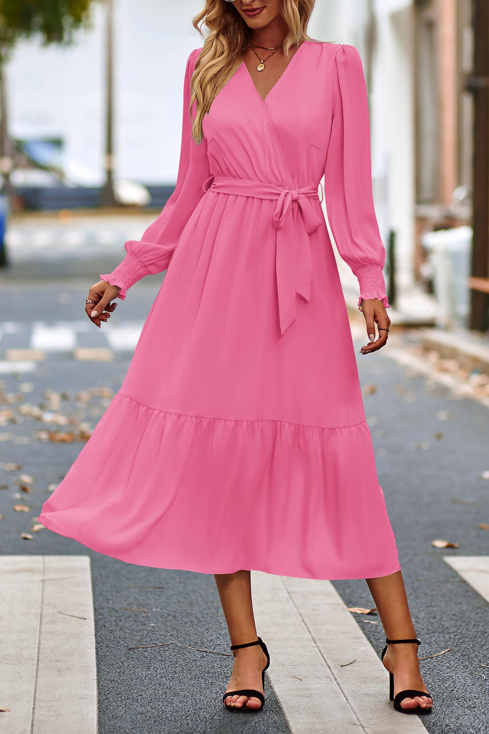 Women's Boho Long Sleeve Maxi Dress, Solid Rose Pink,S