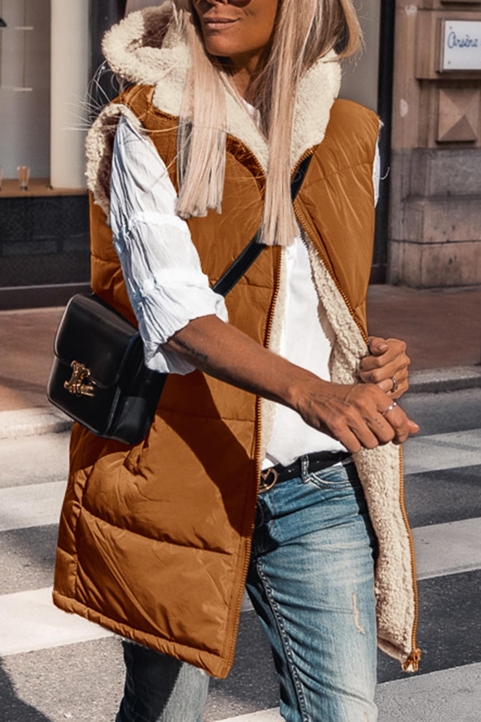 Women's Winter Reversible Fleece Long Vests(Brown,S)