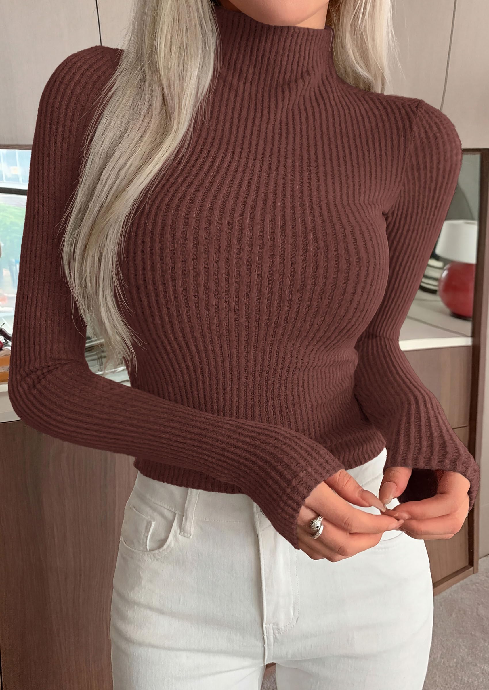 Long Sleeve Shirts for Women Fall Ribbed Mock Turtleneck Tops