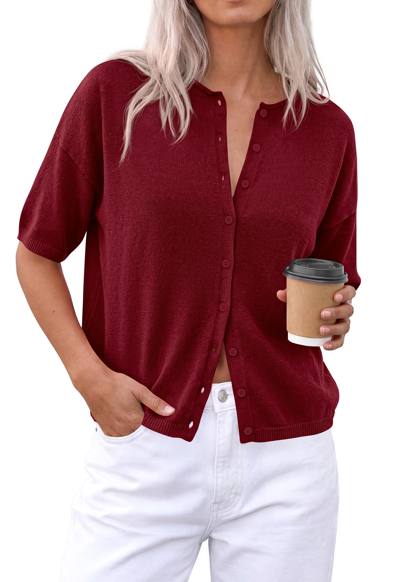 Women's Short Sleeve Cardigan Sweaters (Burgundy,Small)