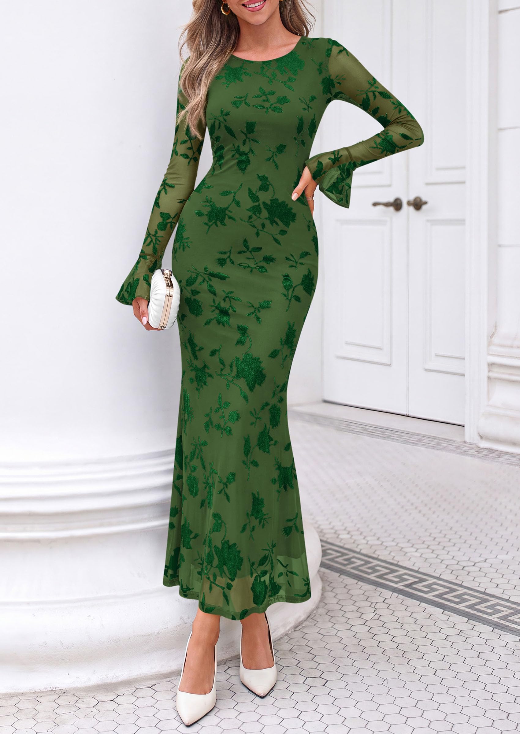 Women's Long Sleeve Maxi Floral Mesh Fall Wedding Guest Dress