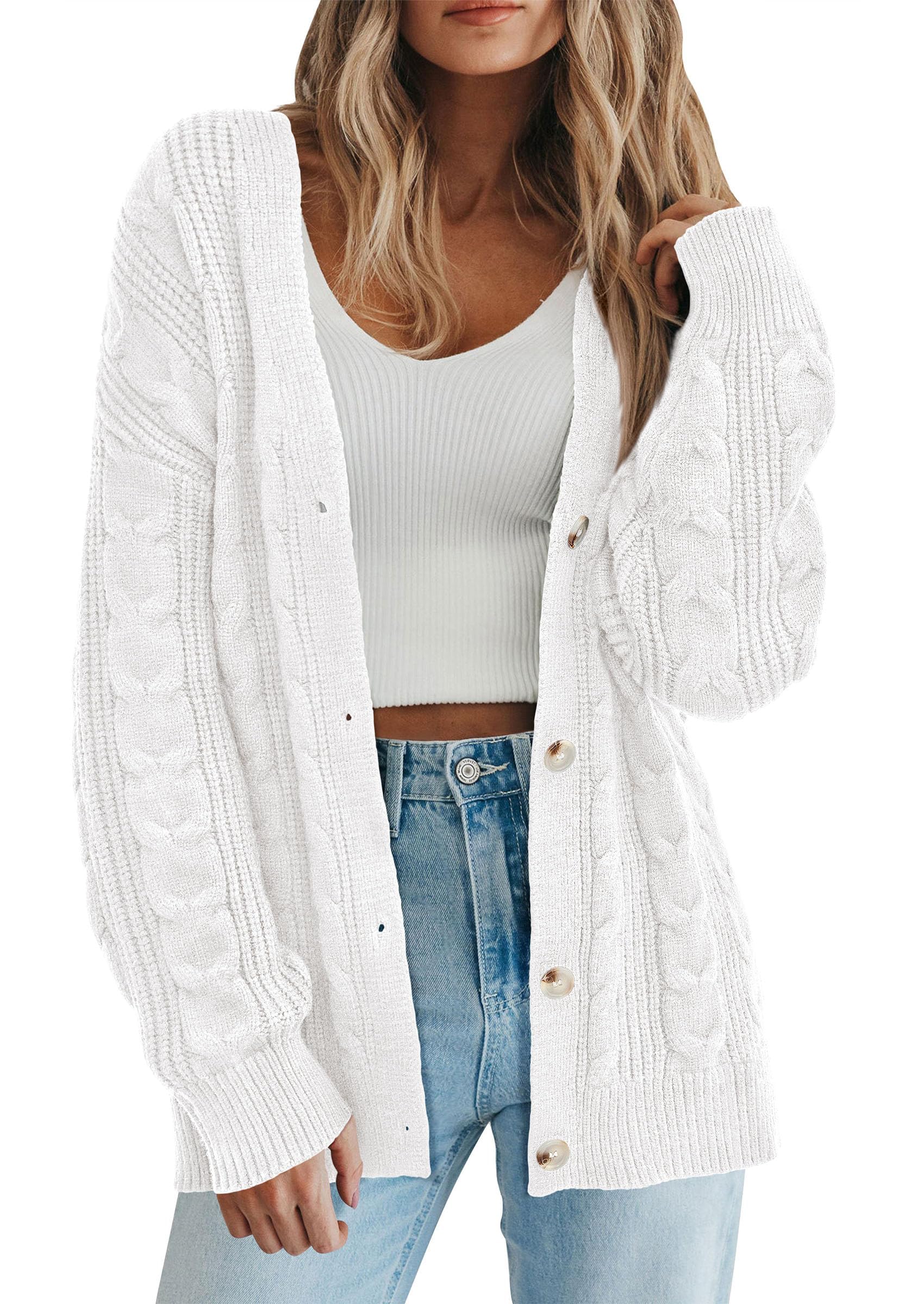 Womens Chunky Cardigan Sweaters 2025 Fall Oversized Cable Knit Long Sleeve Open Front Cardigans Winter Clothing (White,X-Large)