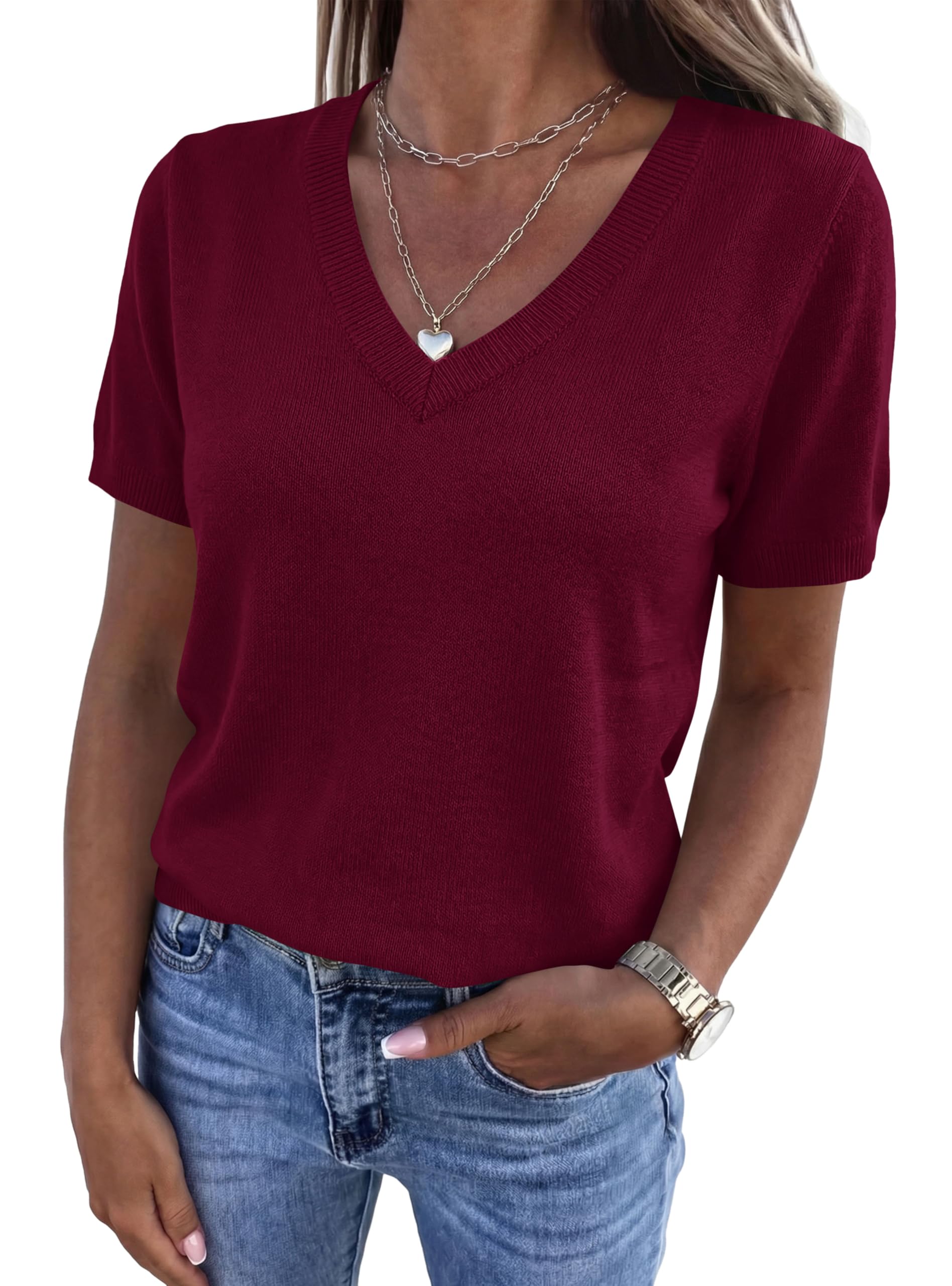 Womens Short Sleeve Sweater V Neck Tops,Wine Red,S