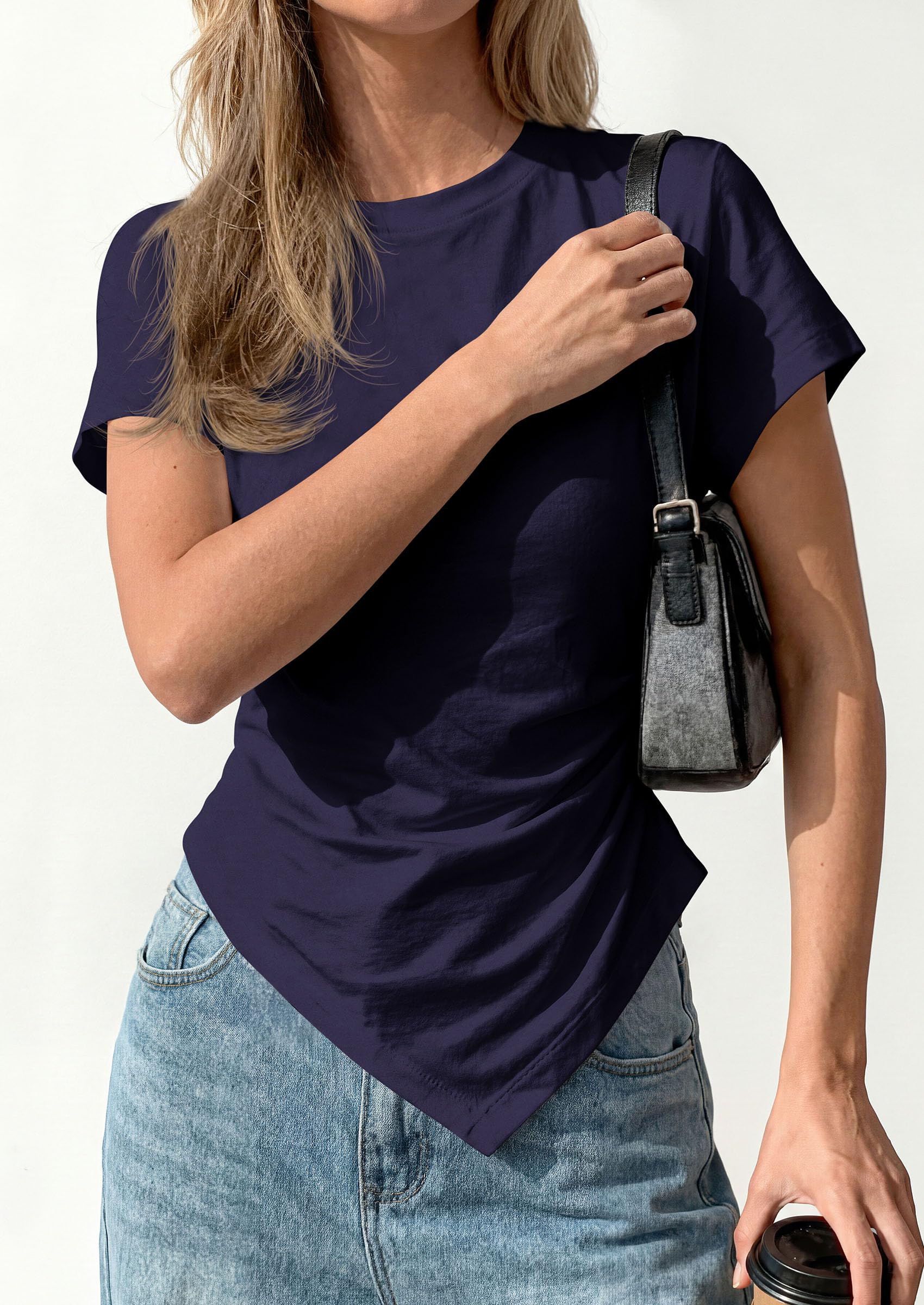 Womens Asymmetrical Summer Short Sleeve Tops,Navy,XS