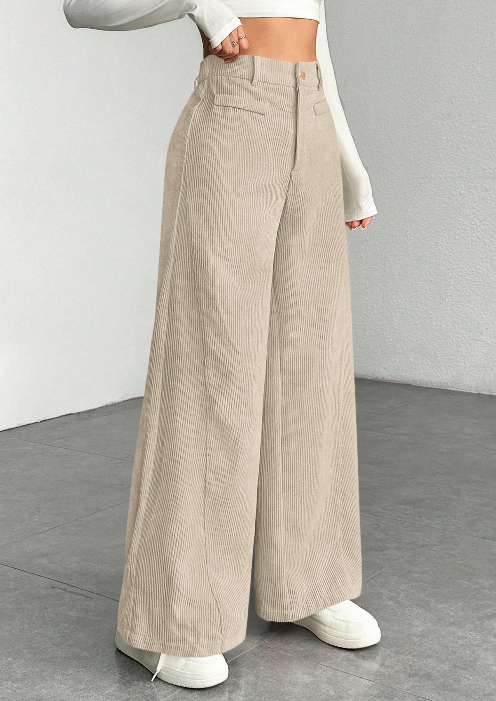 Women's High Waisted Corduroy Pants Casual,Beige White,S
