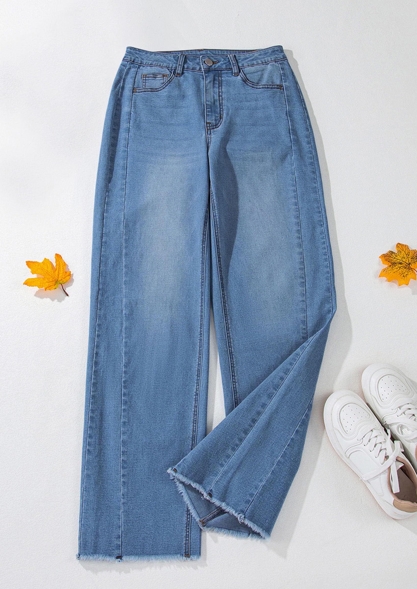 Women's Wide Leg Jeans Raw Hem Denim Pants,Dark Blue,4