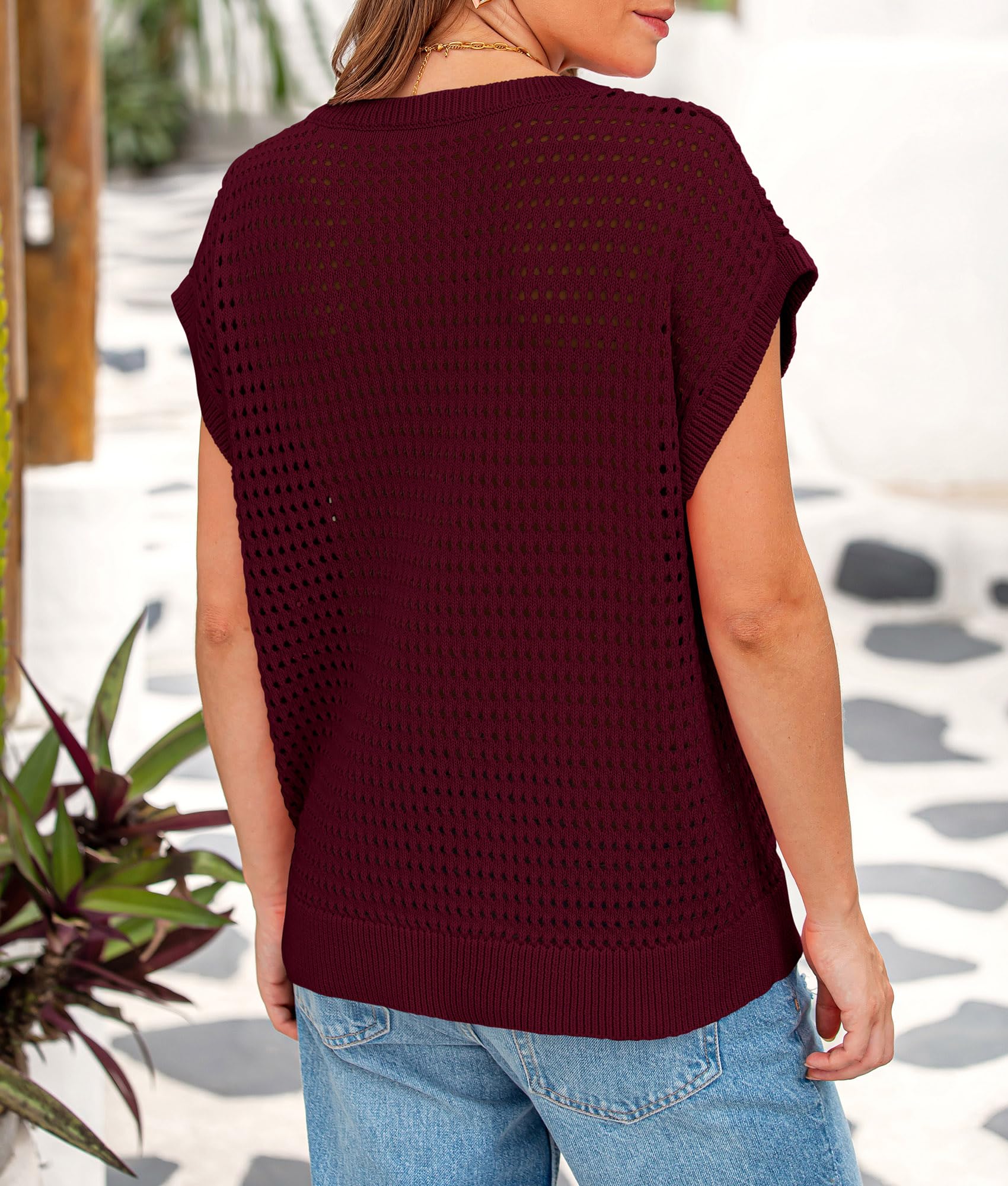 Women's Summer Crochet Cap Sleeve Sweater Tops,Wine Red,S