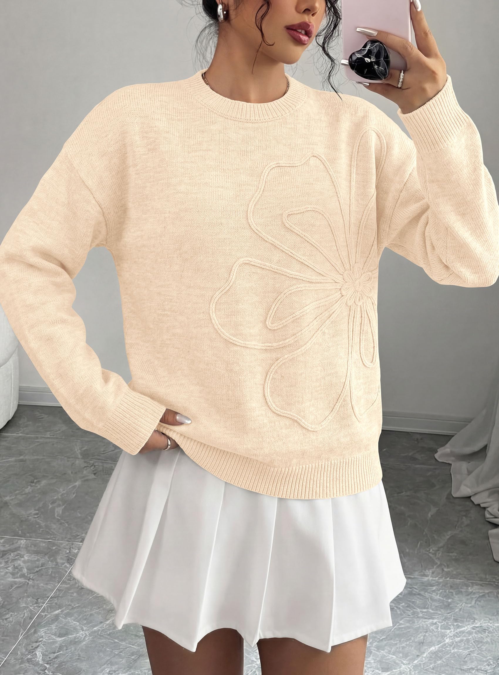 Sweaters for Women Fall Fashion Embroidered Floral Knit Tops