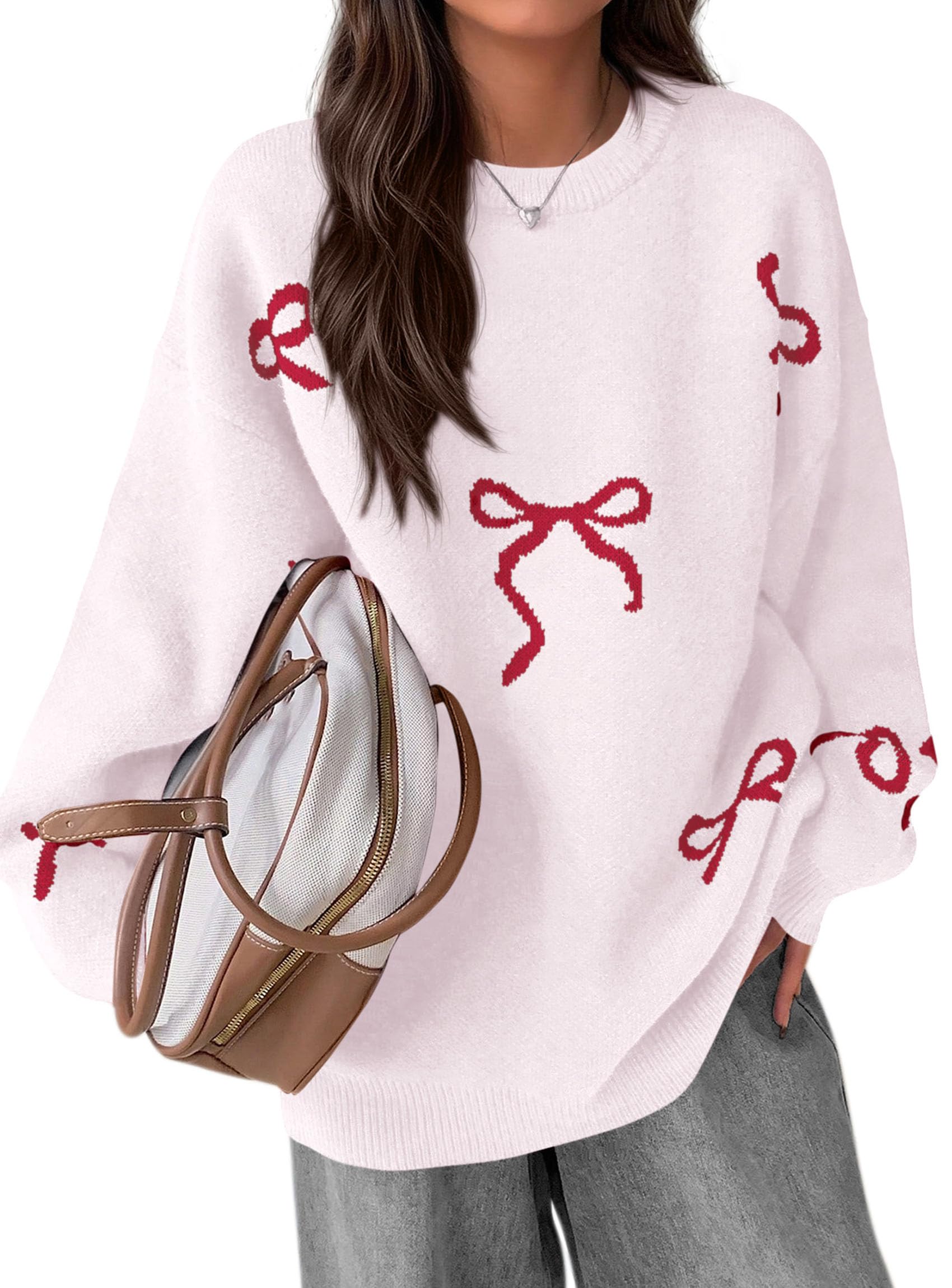 Fall Long Sleeve Pullover Sweaters for Women 2026 Trendy Crewneck Casual Cute Bow Chunky Knit Oversized Sweater (White,Small)