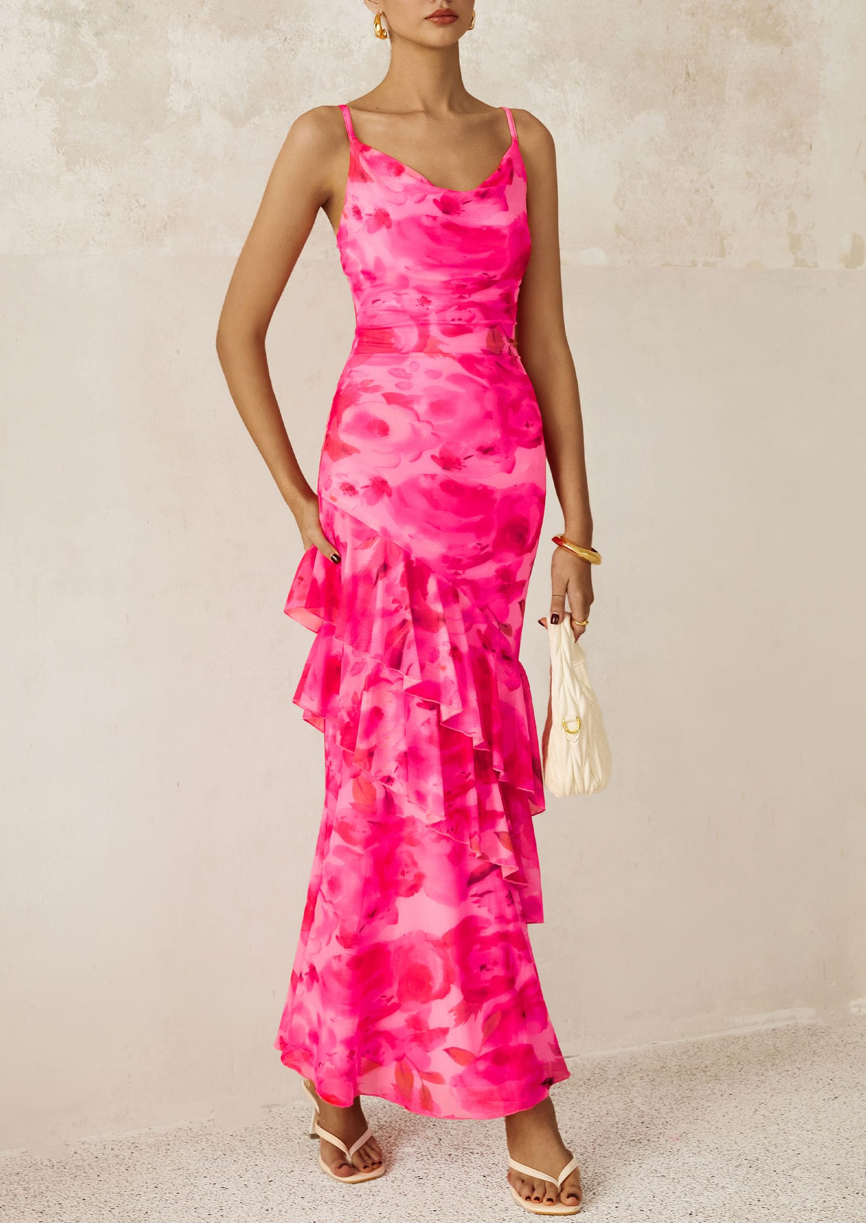 Women's Boho Floral Tiered Maxi Dress, Print Pink,M