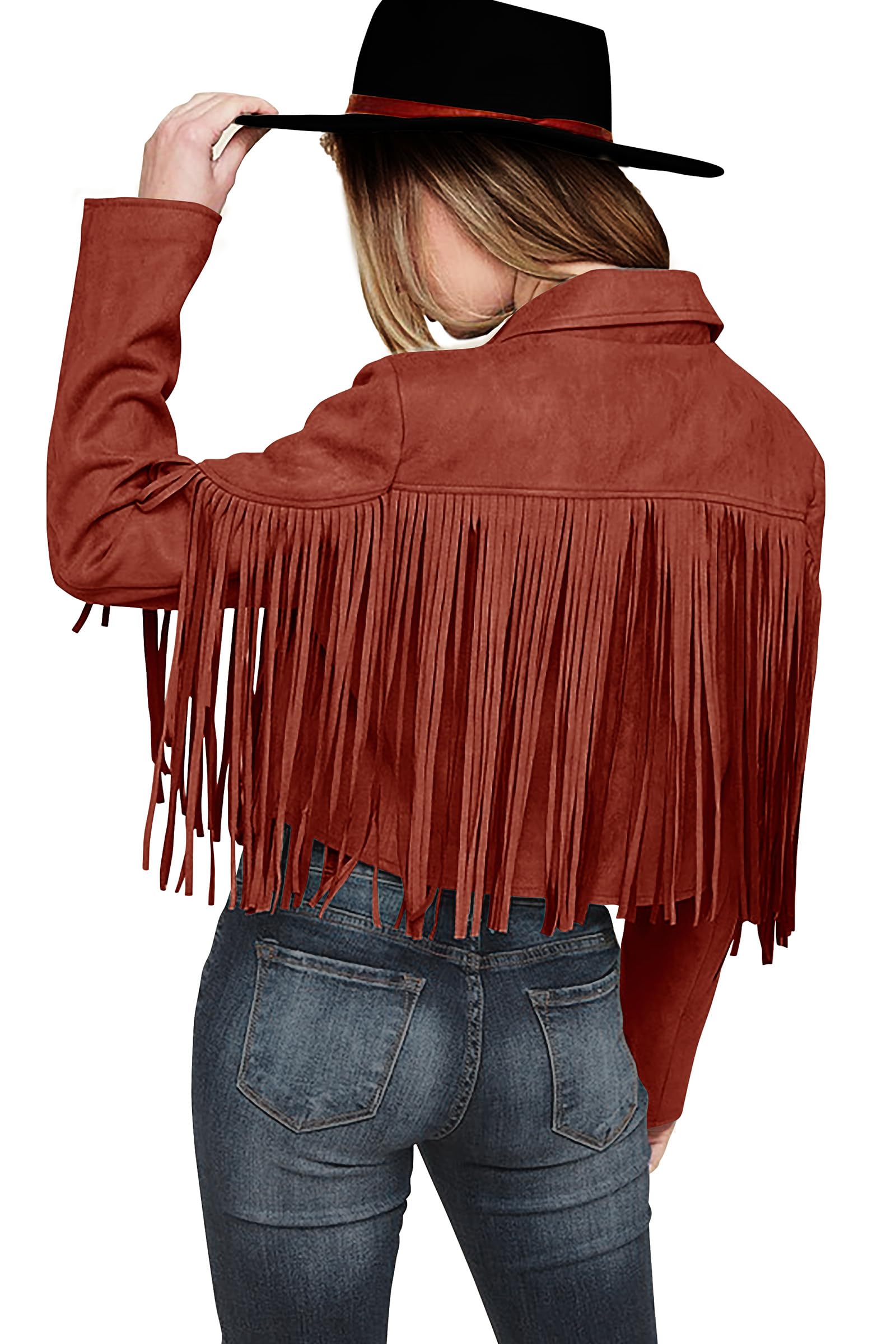 Women's Fringe Faux Suede Leather Jackets,Brick Red,S
