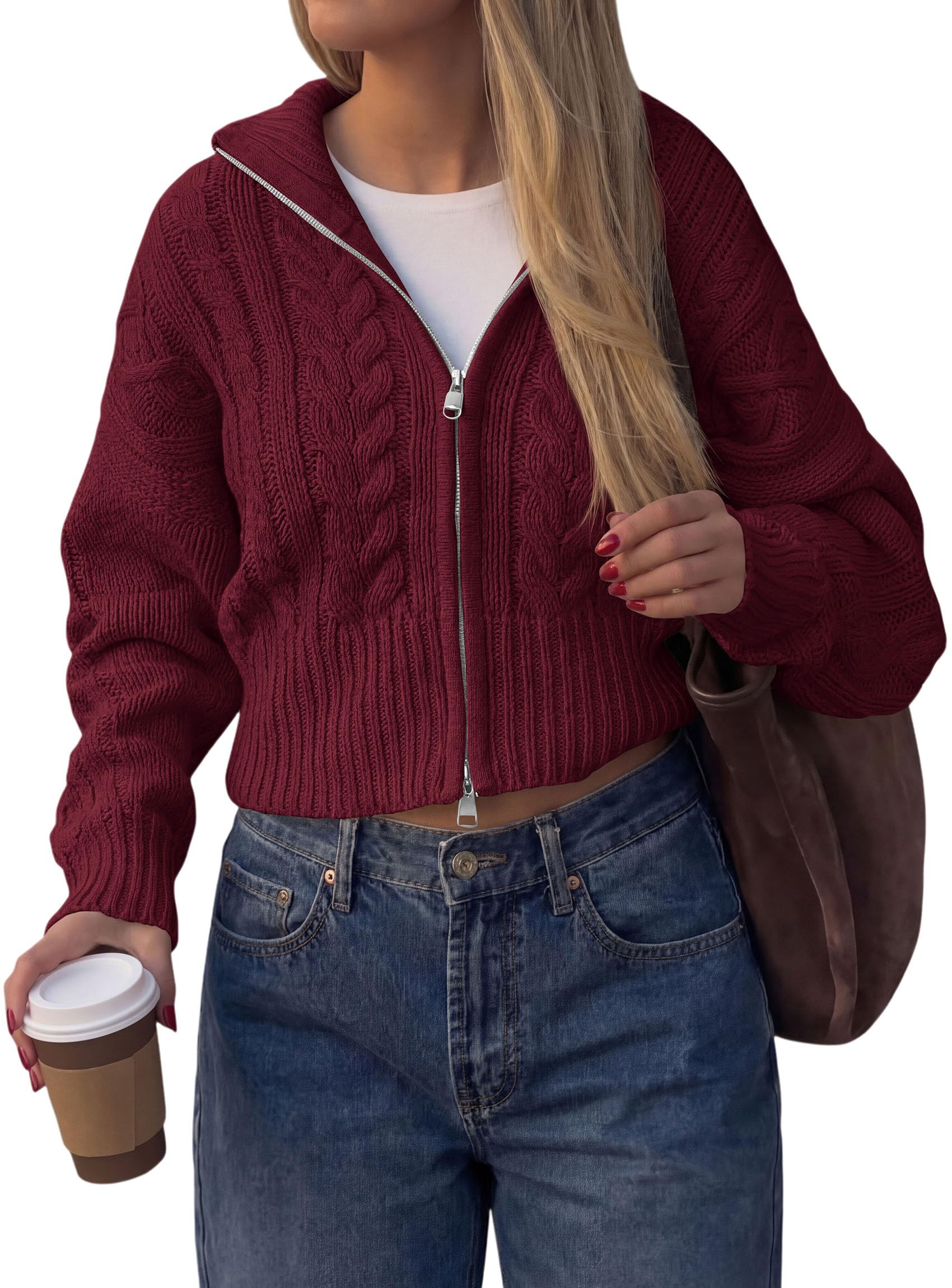 Women's Zip Up Cardigan Sweaters Cropped Jackets Fall Outfits