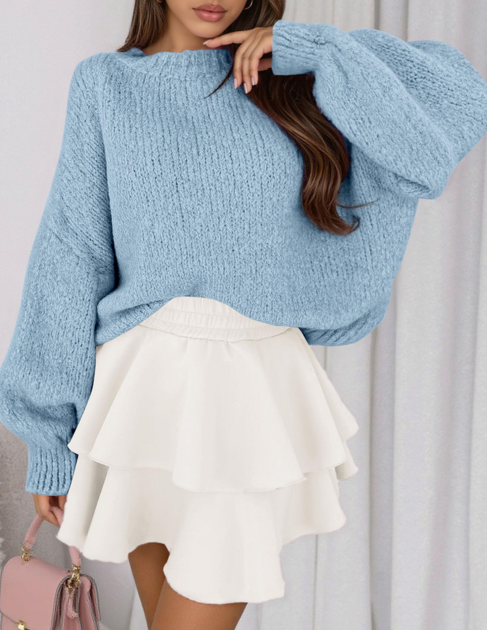 Women's Chunky Knit Oversized Pullover Sweaters,Light Blue,S