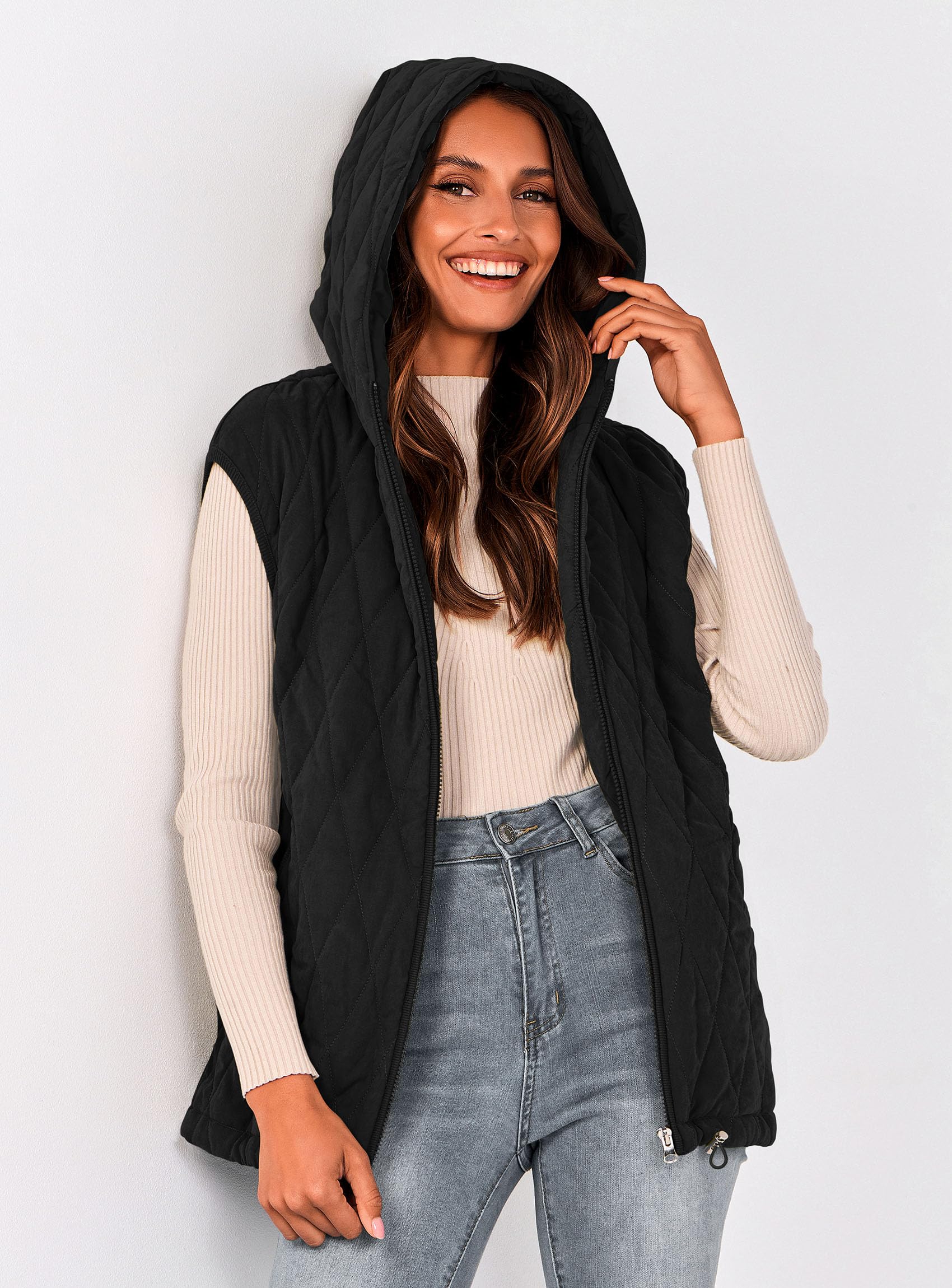 Women's Fall Fashion Vest Zip Up Jacket(Black,Small)