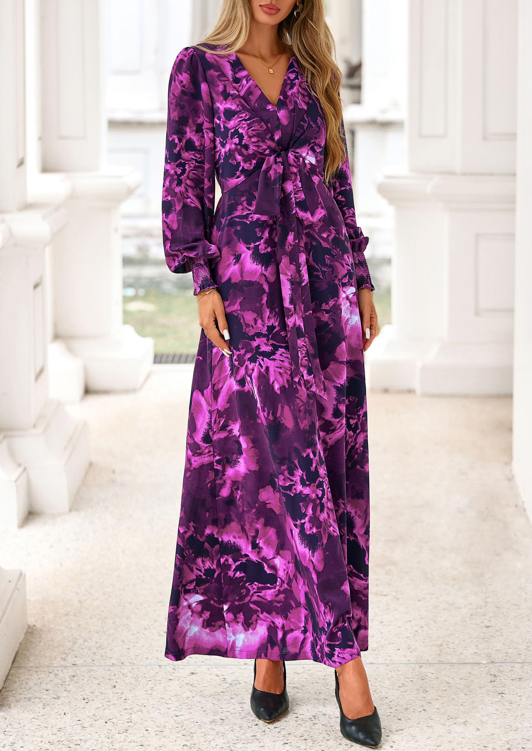 Women's Tie Waist Floral Maxi Dress,Floral Purple,S