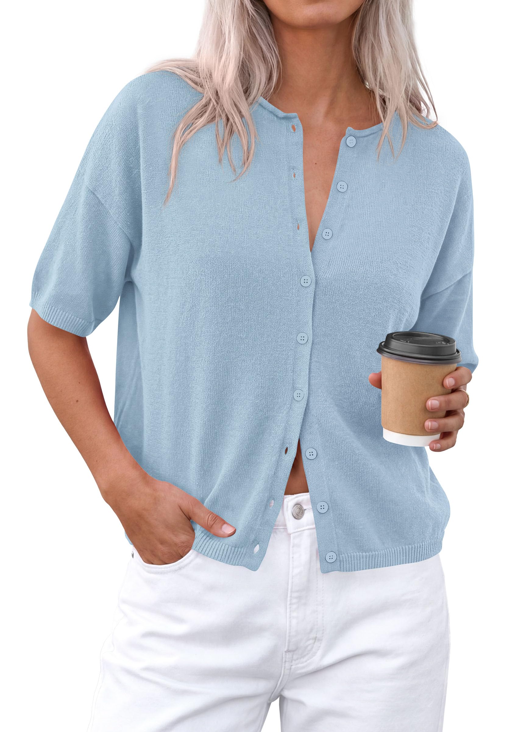 Women's Short Sleeve Cardigan Sweaters (Sky Blue,Small)