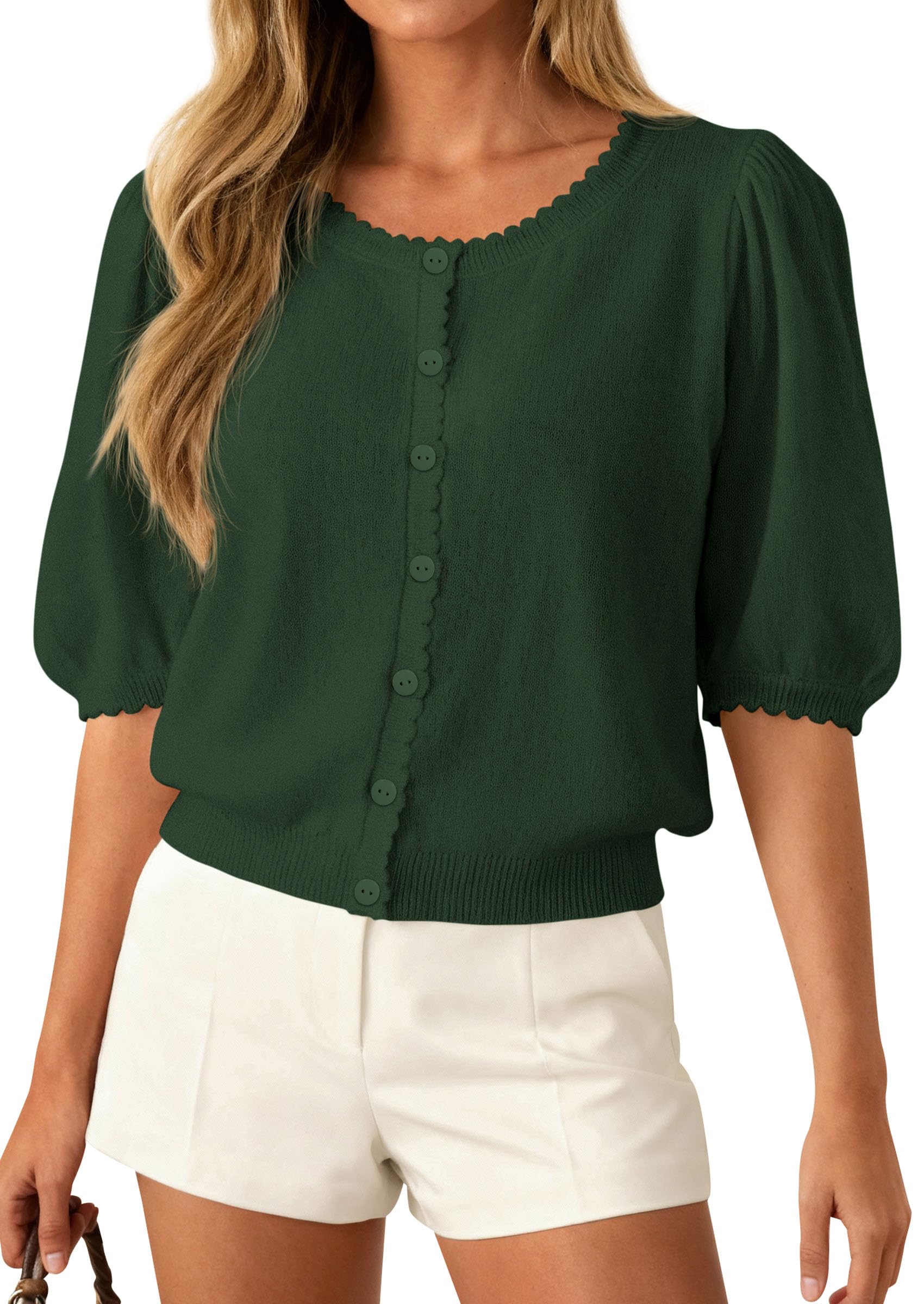 Women Short Sleeve Lightweight Knit Cardigans, Army Green,S