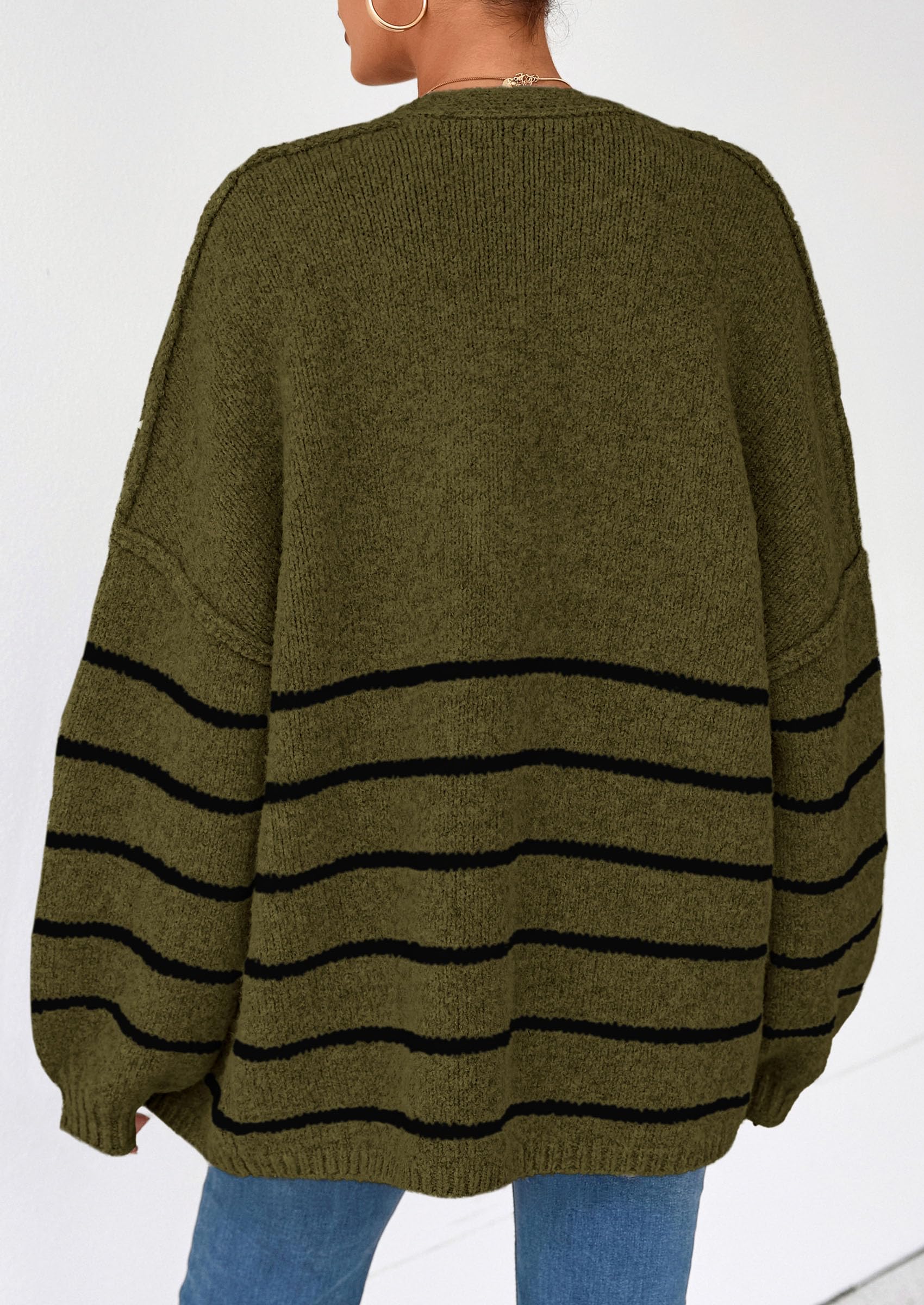 Womens Oversized Cardigan Sweaters 2026 Fall Long Lantern Sleeve Knit Open Front Lightweight Sweater (Striped Army Green,Small)