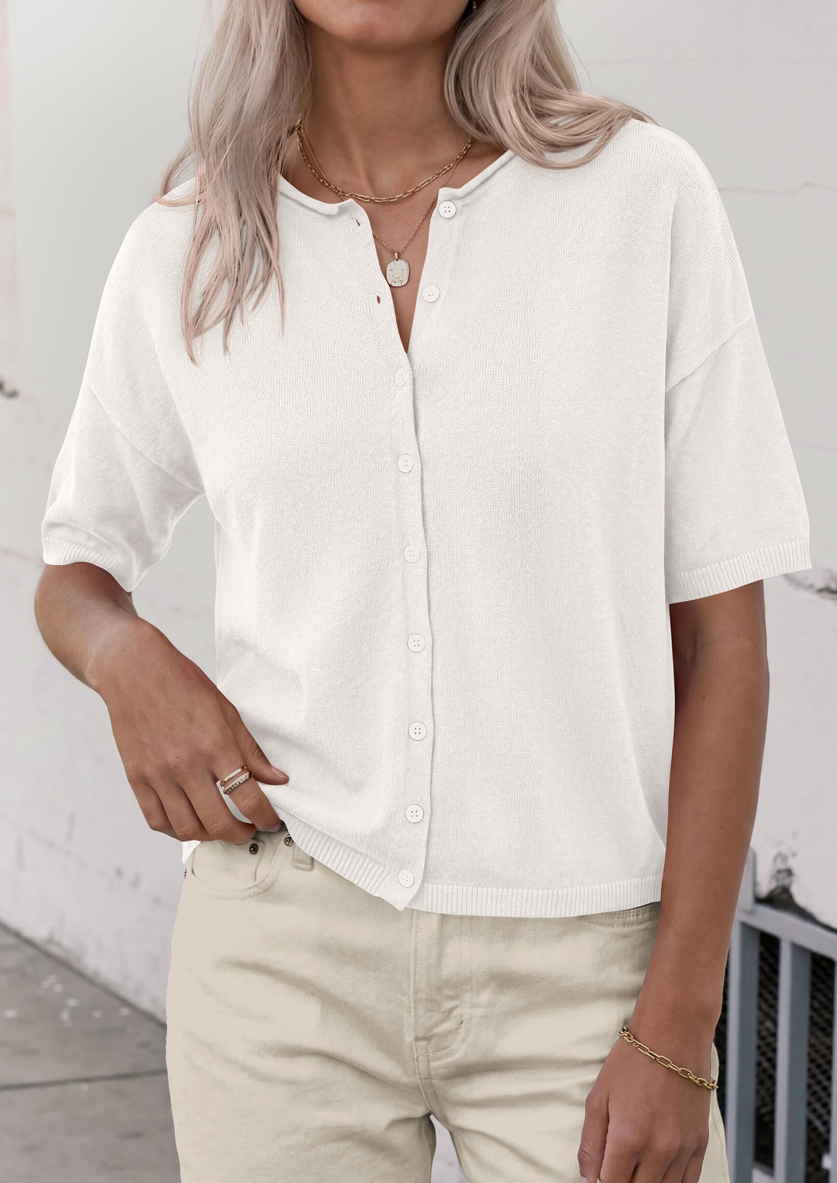 Women's Short Sleeve Cardigan Sweaters (White,Small)
