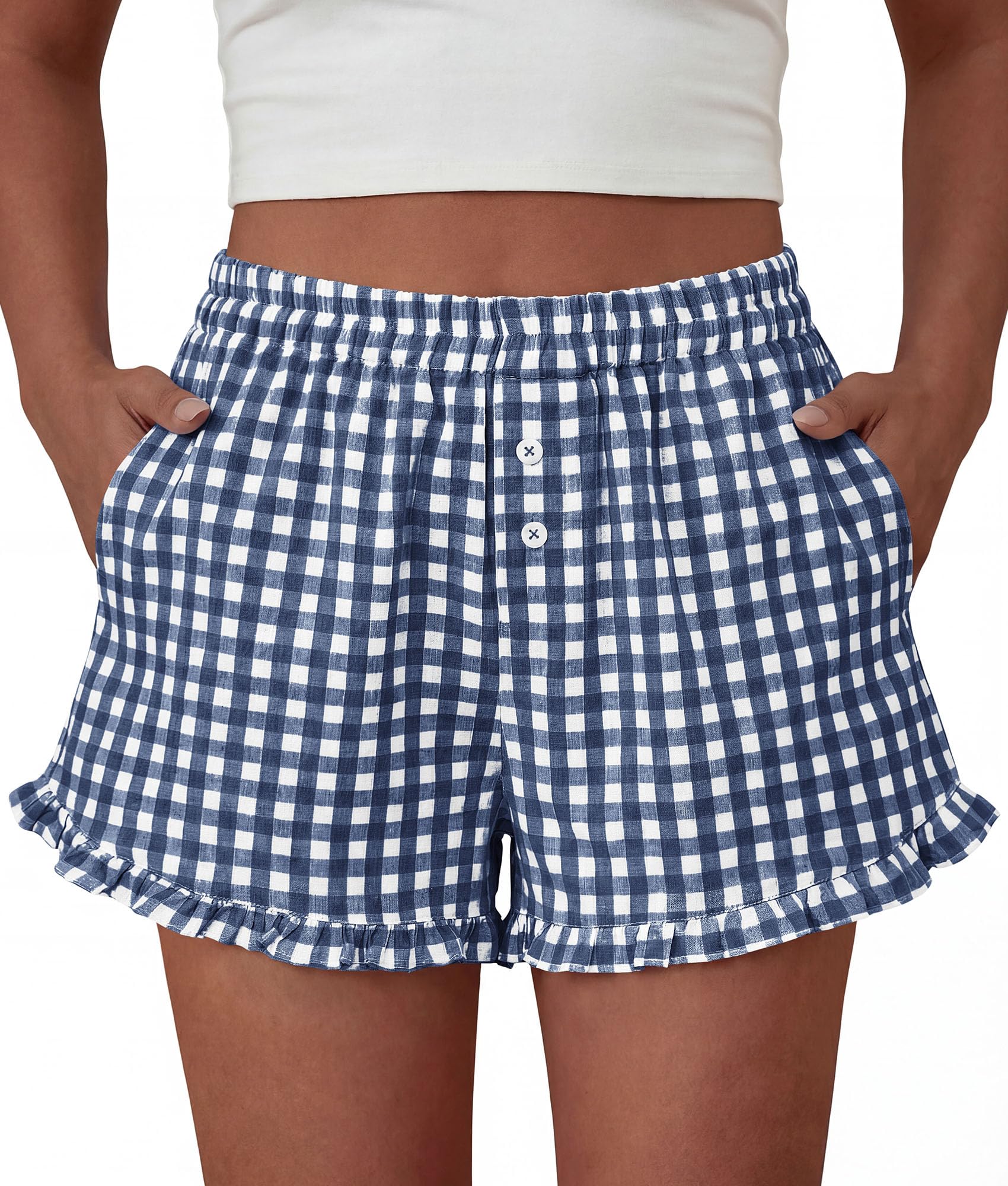 Womens Boxer Shorts Striped Gingham Ruffle Pajama Bottoms