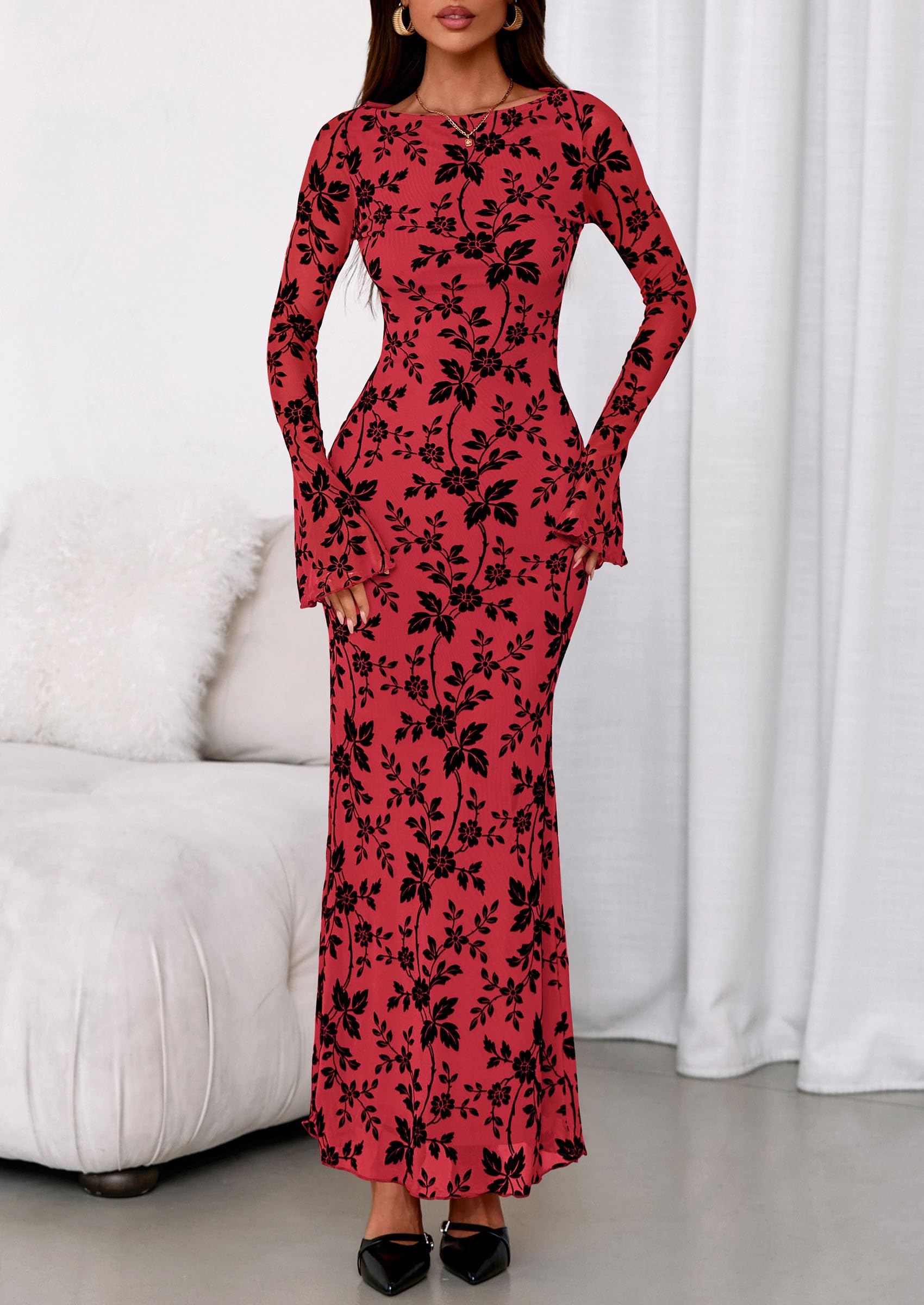 Women's Floral Bodycon Maxi Dress Wedding Guest Dresses Red