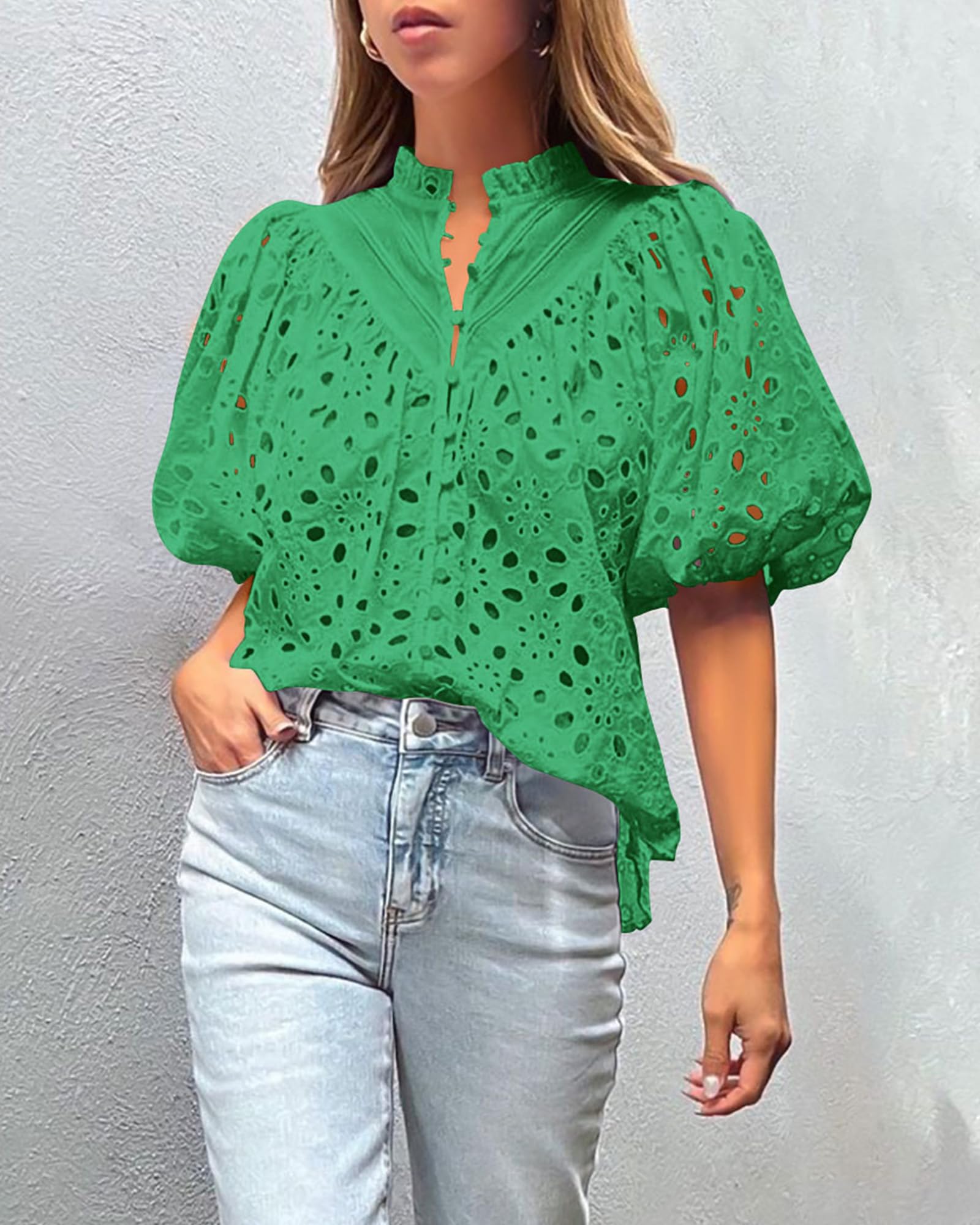 Womens Tops Boho Eyelet Puff Sleeve Blouse, Green,M
