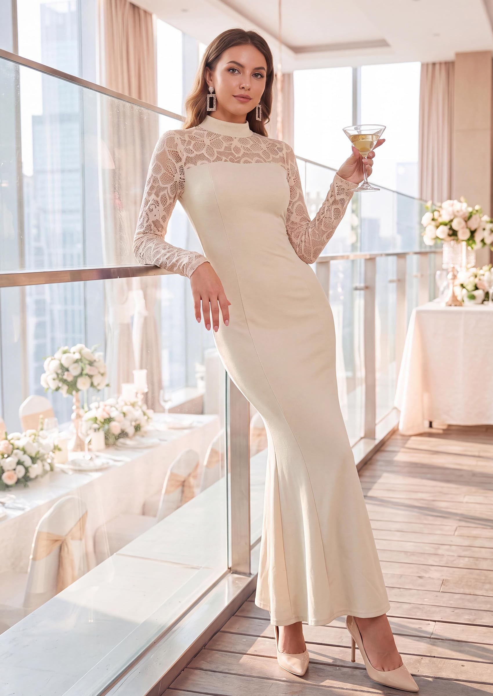 Women's Fall Lace Sheer Dress Bodycon Maxi Cocktail Dresses