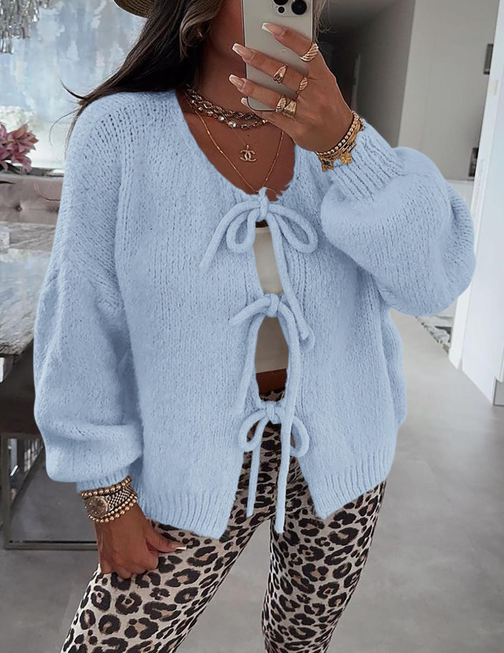 Women's Tie Front Bow Cardigan Sweaters(Sky Blue,Medium)