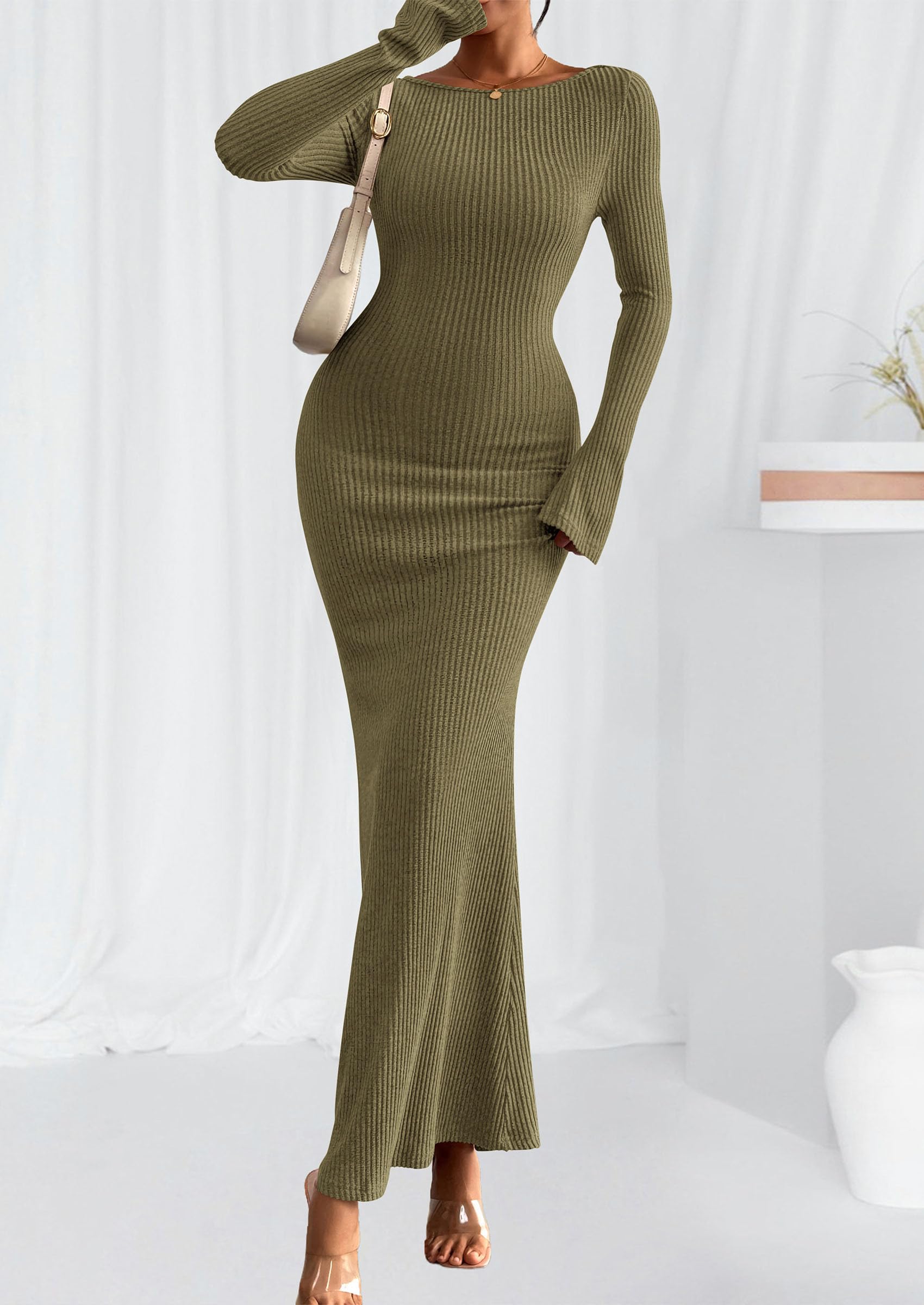 Women's Fall Long Sleeve Bodycon Maxi Dresses (Army Green,XS)