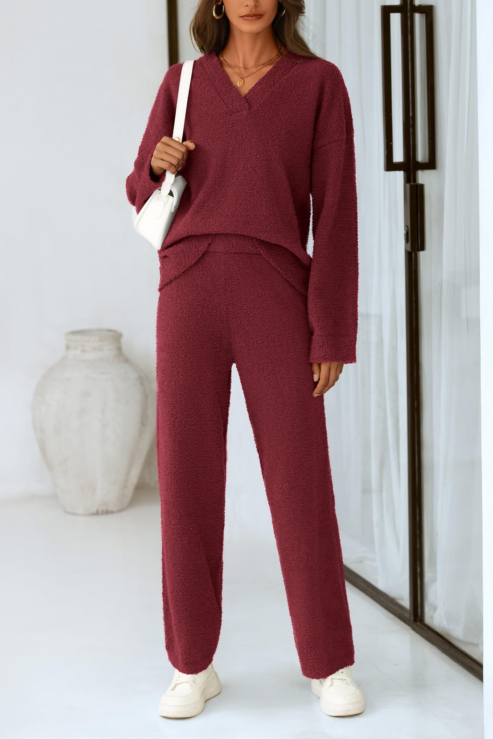 Lounge Sets for Women Fall 2 Piece Fuzzy Sweater Pajama Set