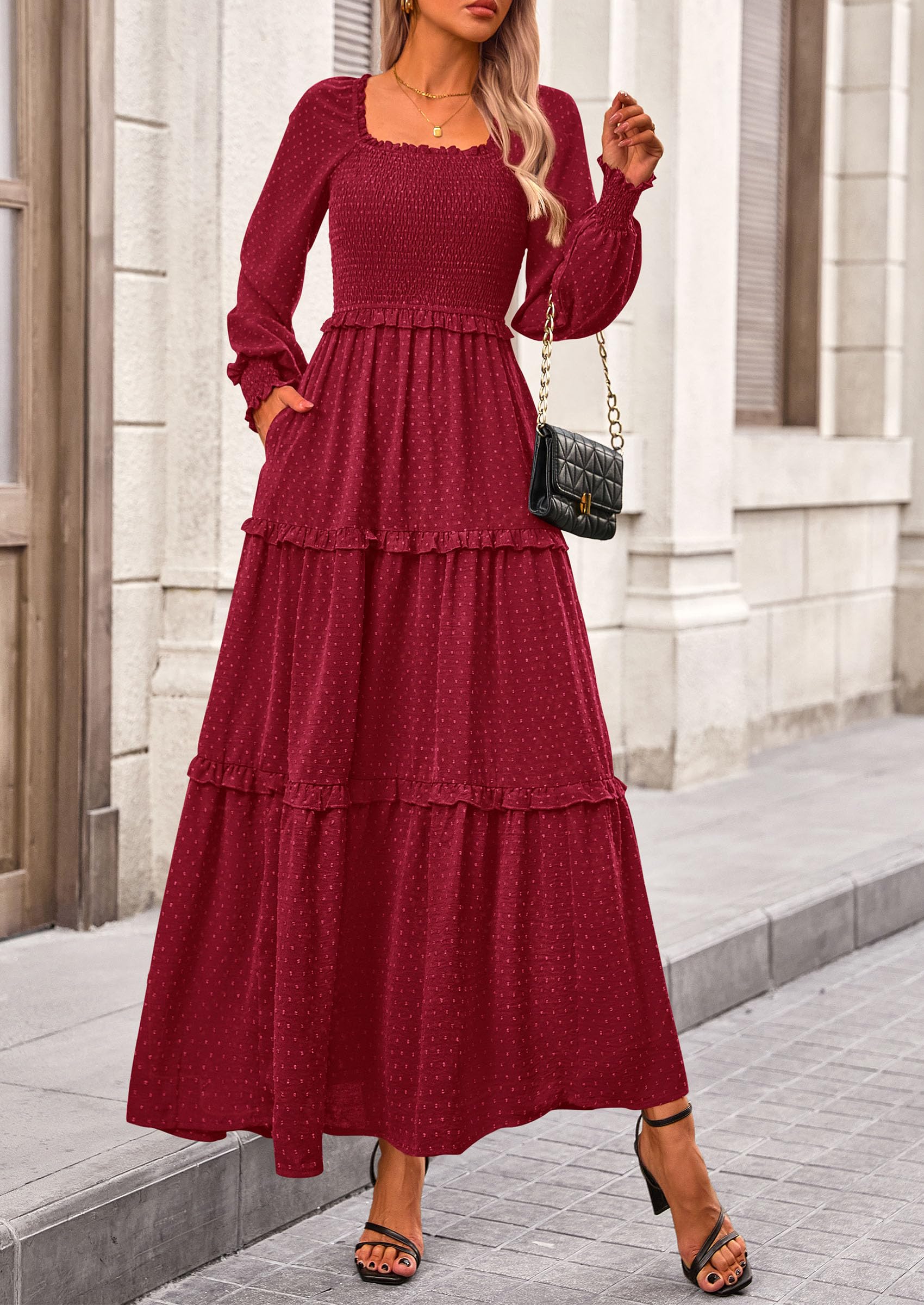 Women's Smocked Long Sleeve Maxi Dress Wedding Guest Dresses