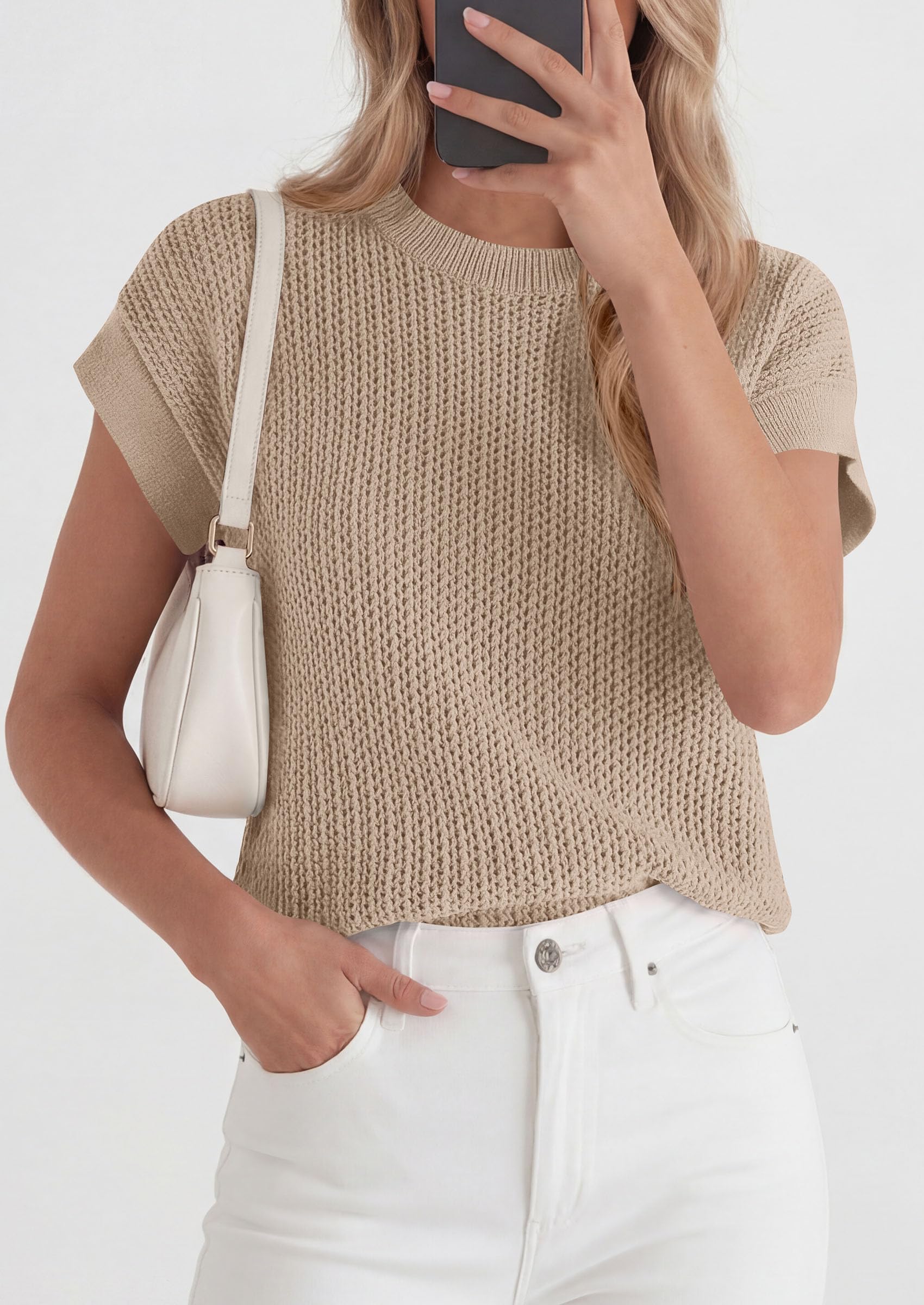 Women's Summer Sweater Vest Crochet Tops (Khaki,S)