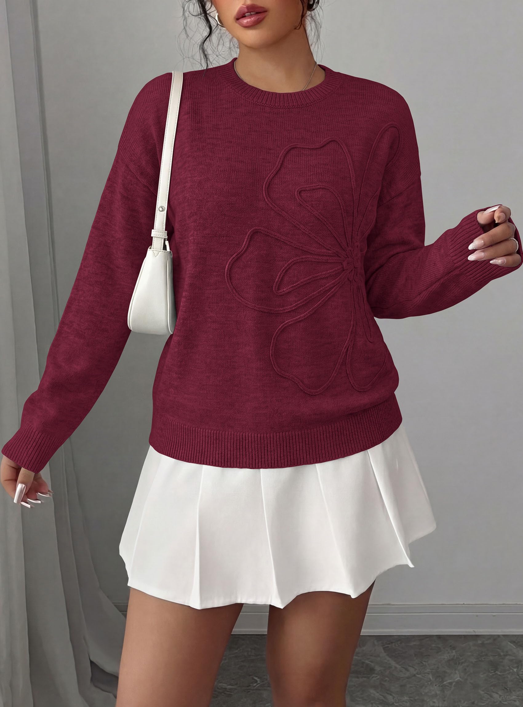 Sweaters for Women Fall Fashion Embroidered Floral Knit Tops