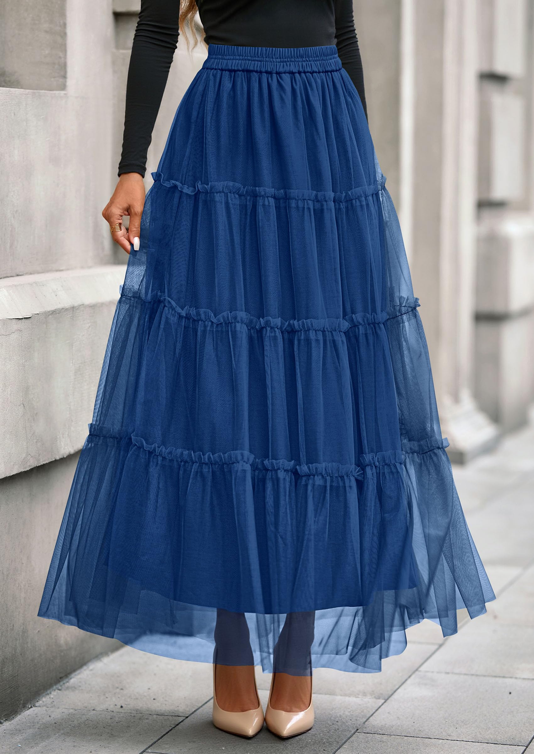 Women's Fall Soft Tulle Tiered Long Skirt,Blue,S
