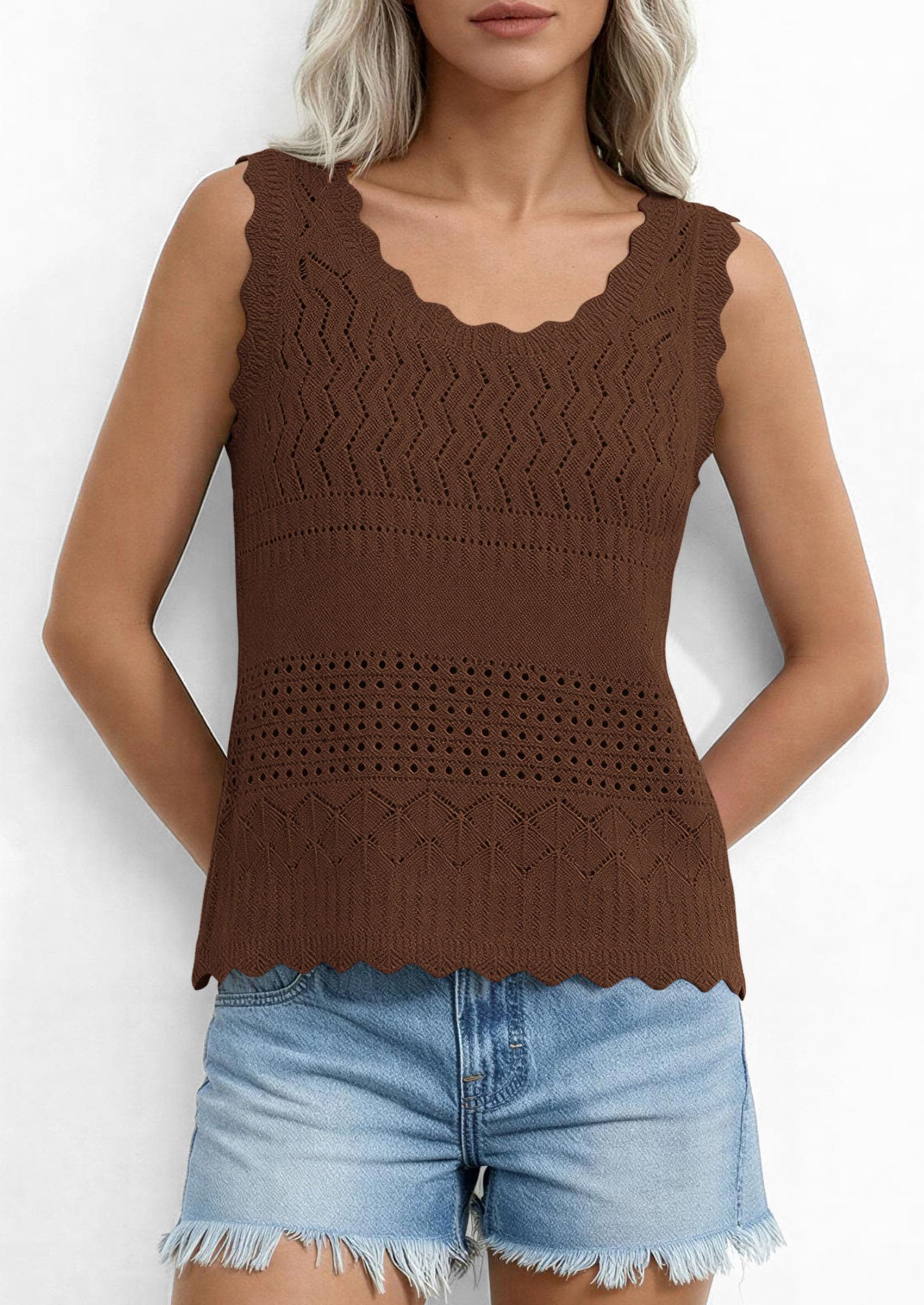 Womens Crochet Tank Tops Knit Sleeveless Vest,Brown,S