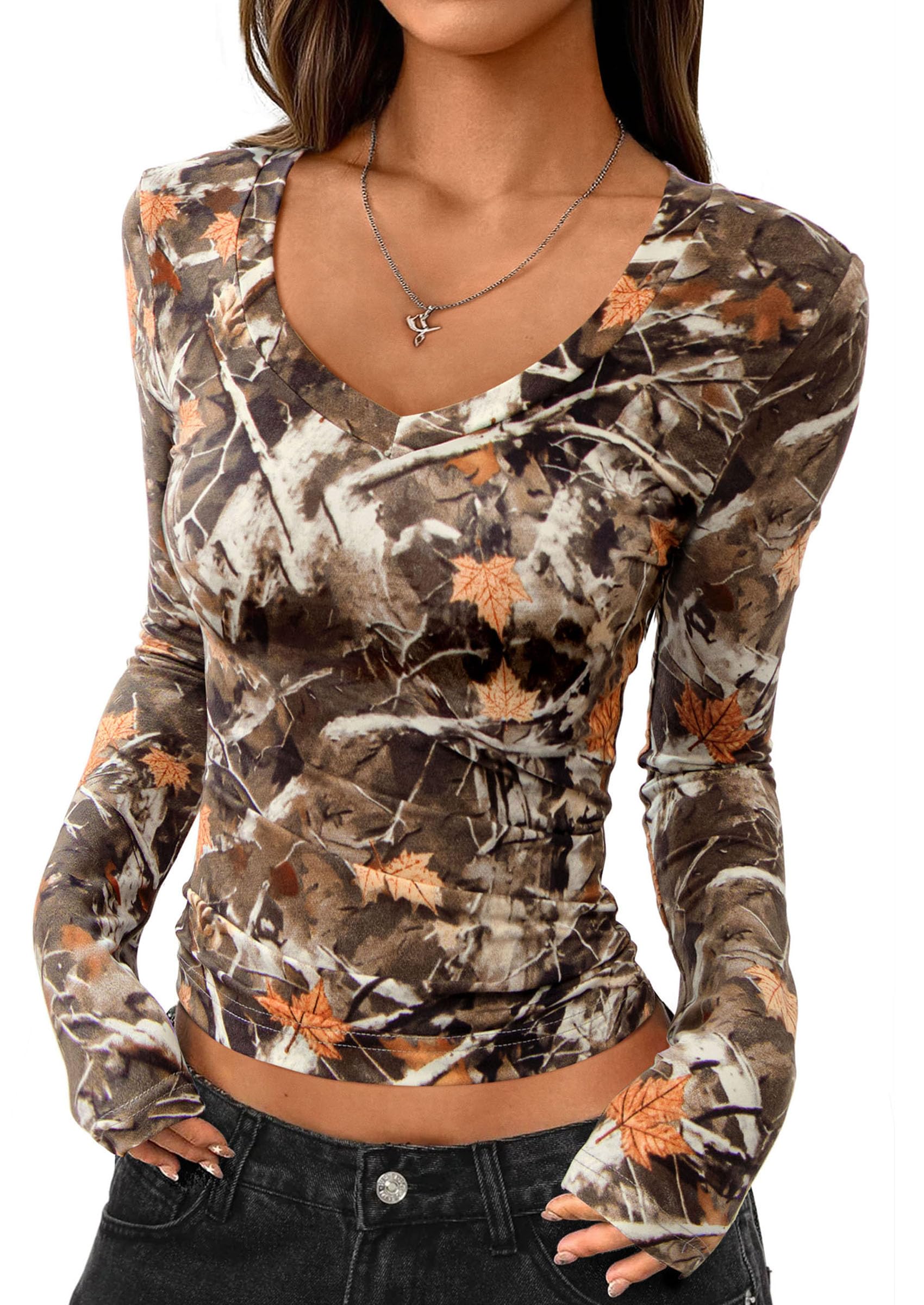 Womens Long Sleeve Slim Fit Crop Tops,Khaki Floral,XS