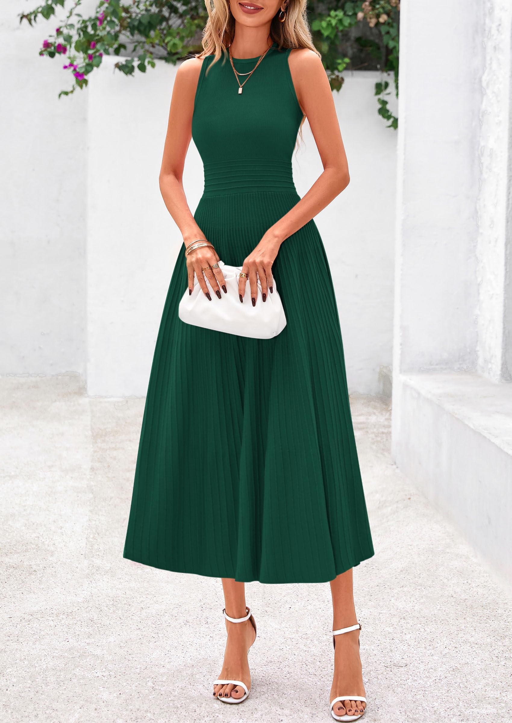 Women's Summer Pleated Midi Work Dress,Dark Green,S