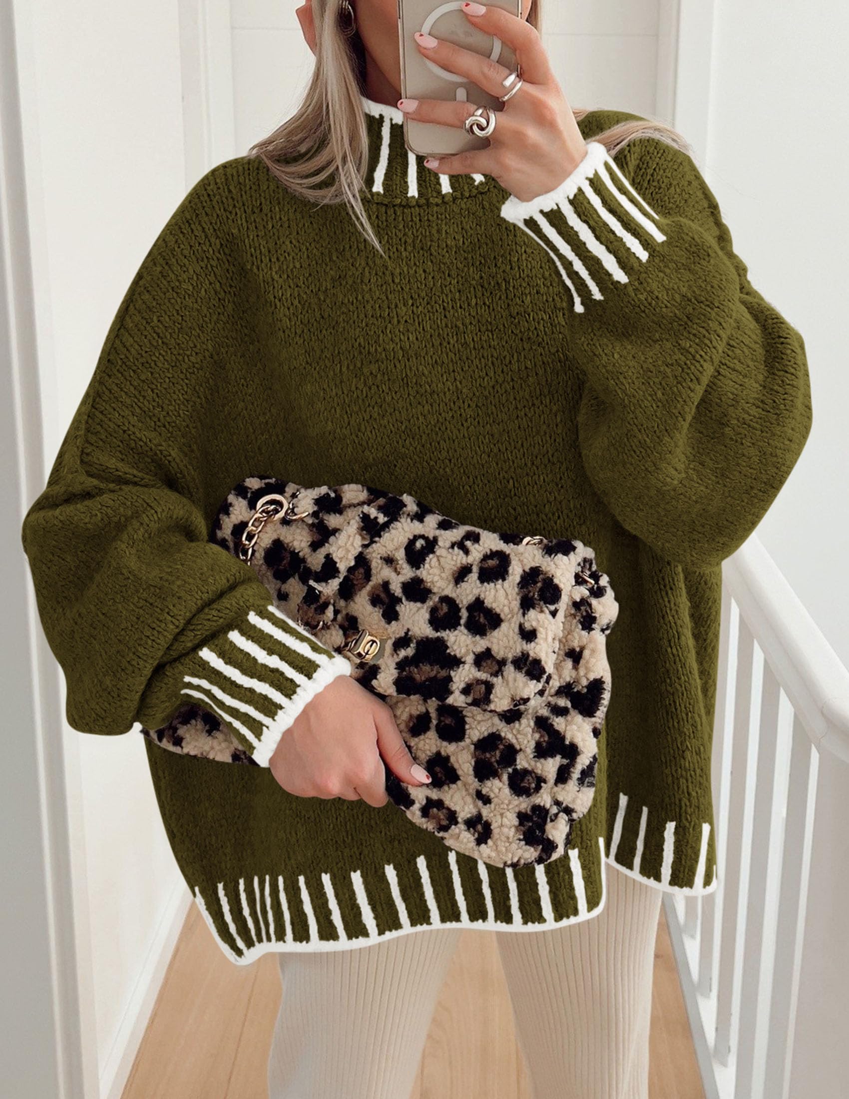 Women's Mock Neck Oversized Pullover Sweaters,Army Green,XS