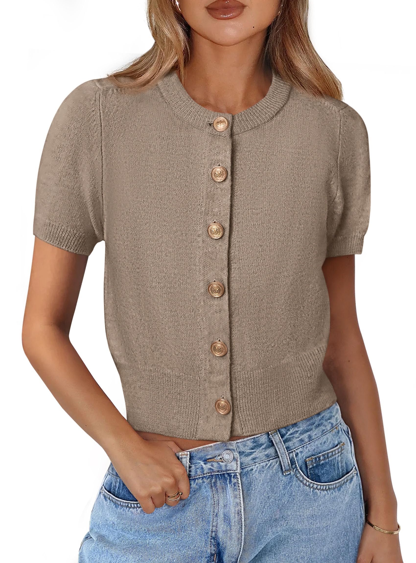 Womens Summer Cardigan Short Sleeve Sweater,Camel,S