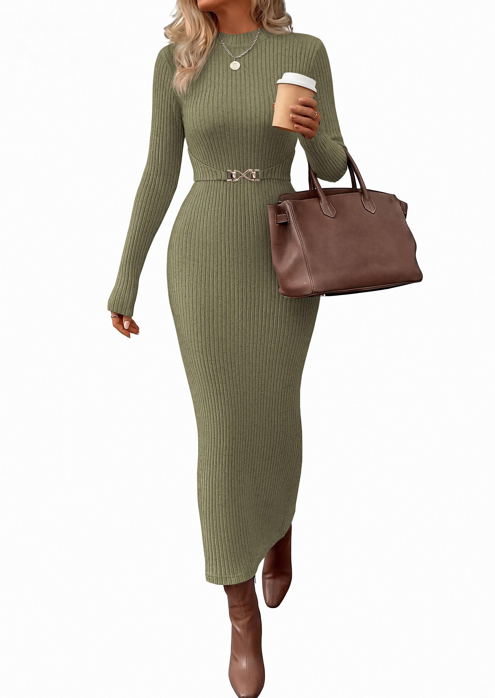 Women's Long Sleeve Bodycon Maxi Sweater Dress Army Green,L