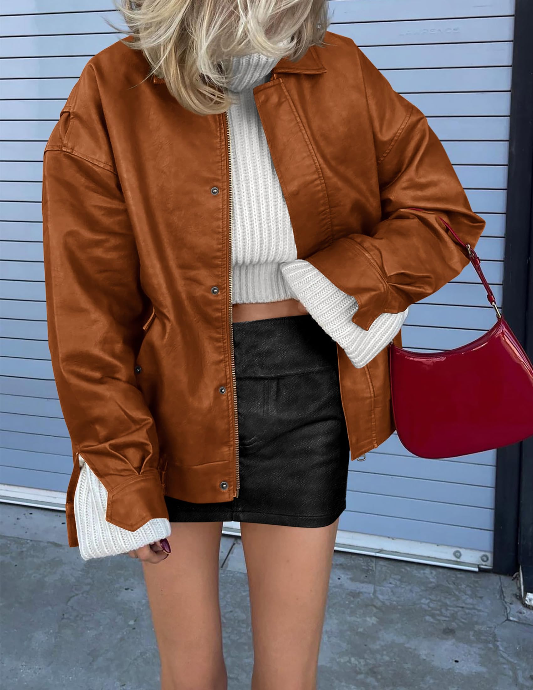Women's Faux Leather Motorcycle Jackets(Brown,X-Small)