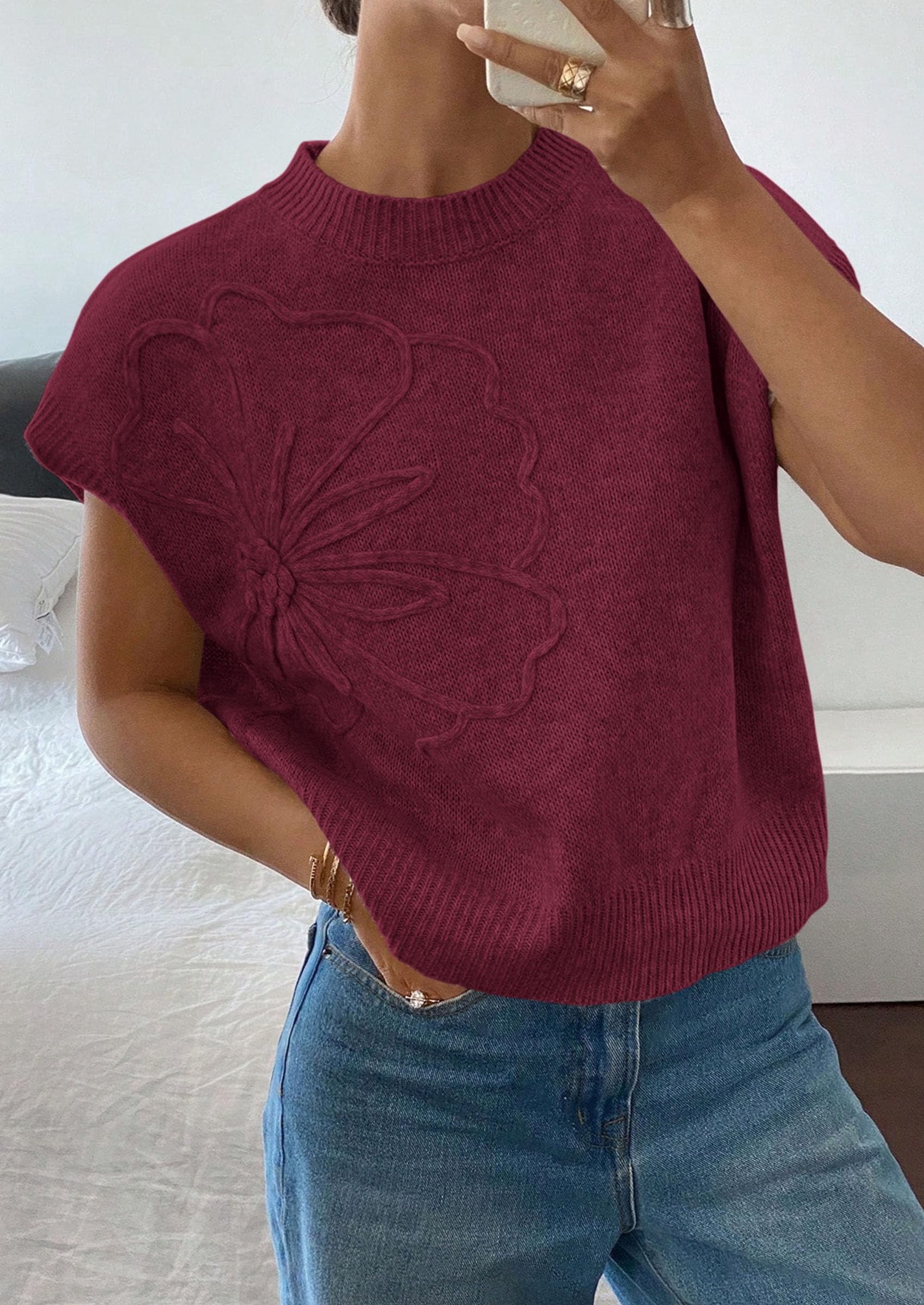 Women's Summer Short Cap Sleeve Sweater Vest (Burgundy,S)