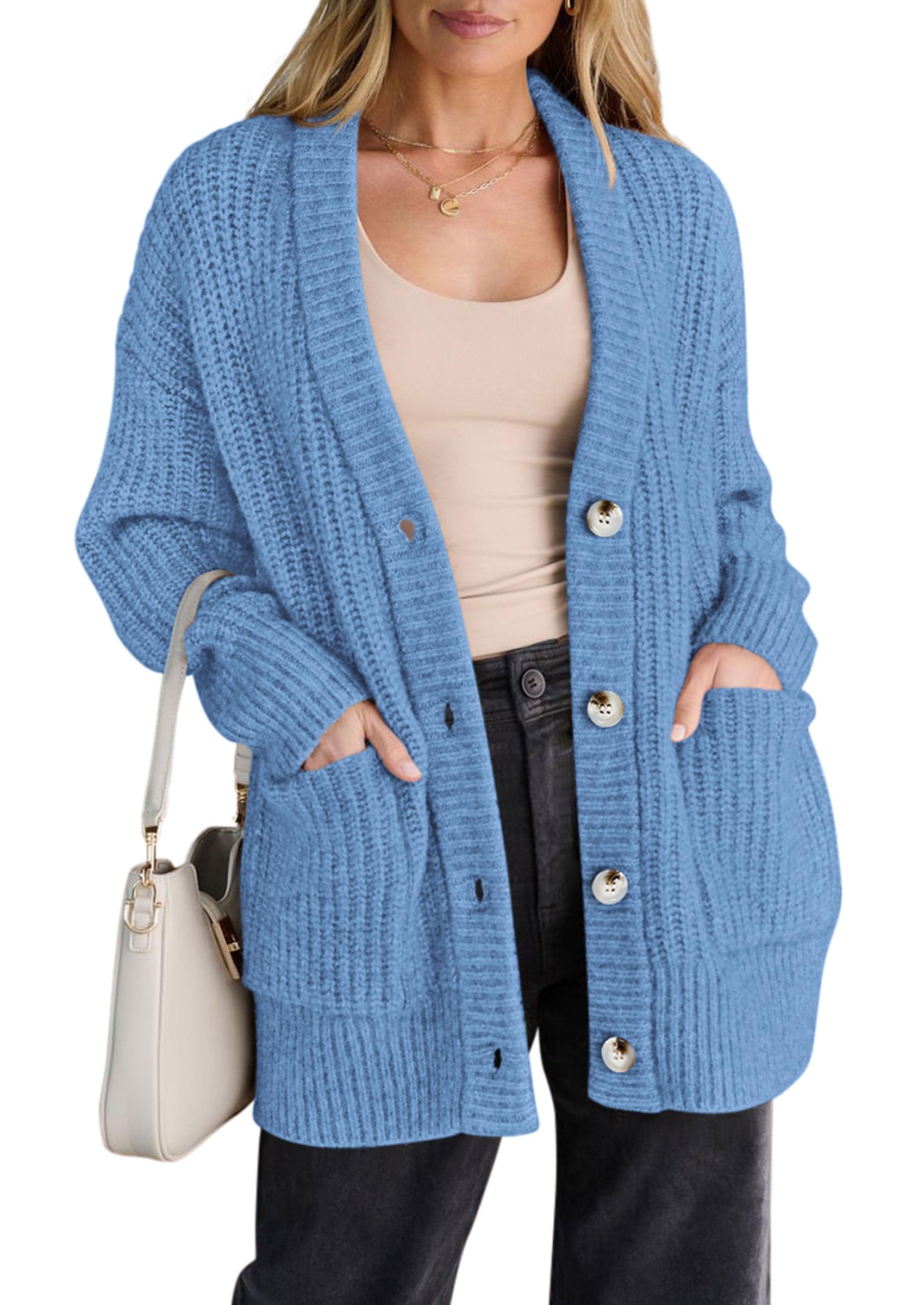 Oversized Cardigan Sweaters for Women Button Up,Light Blue,S