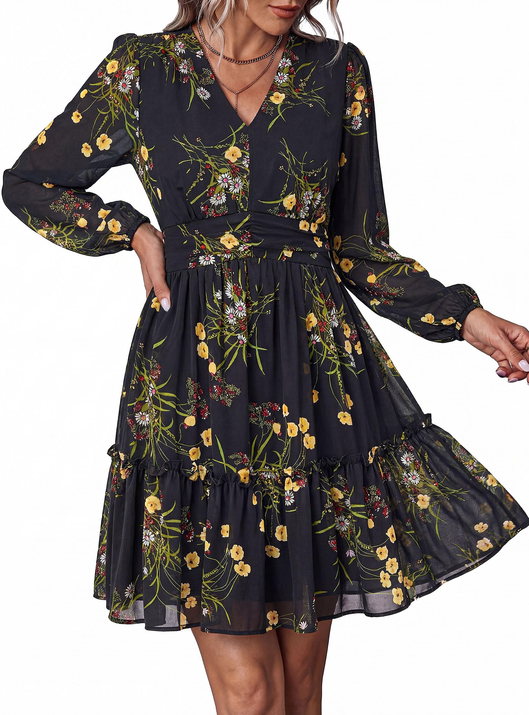 Women Floral Long Sleeve Mini Dress Fall Wedding Guest Dresses