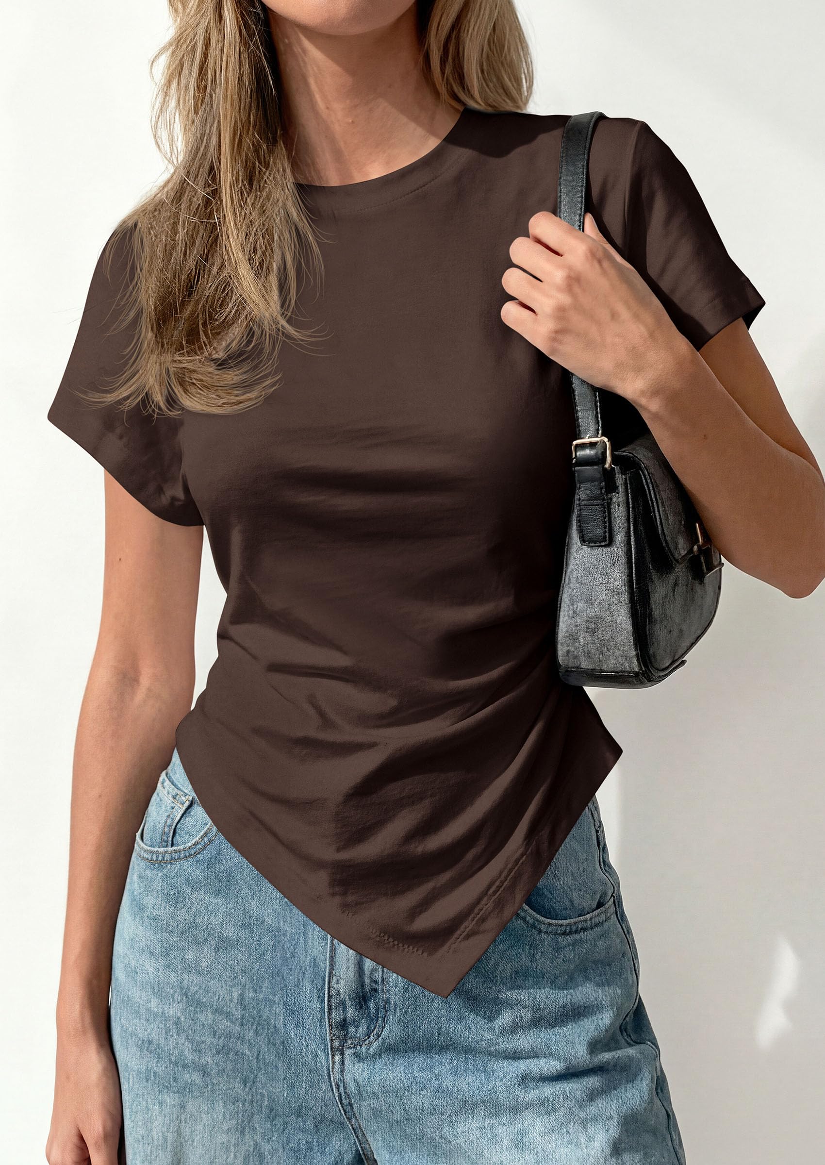 Womens Asymmetrical Summer Short Sleeve Tops,Brown,XS