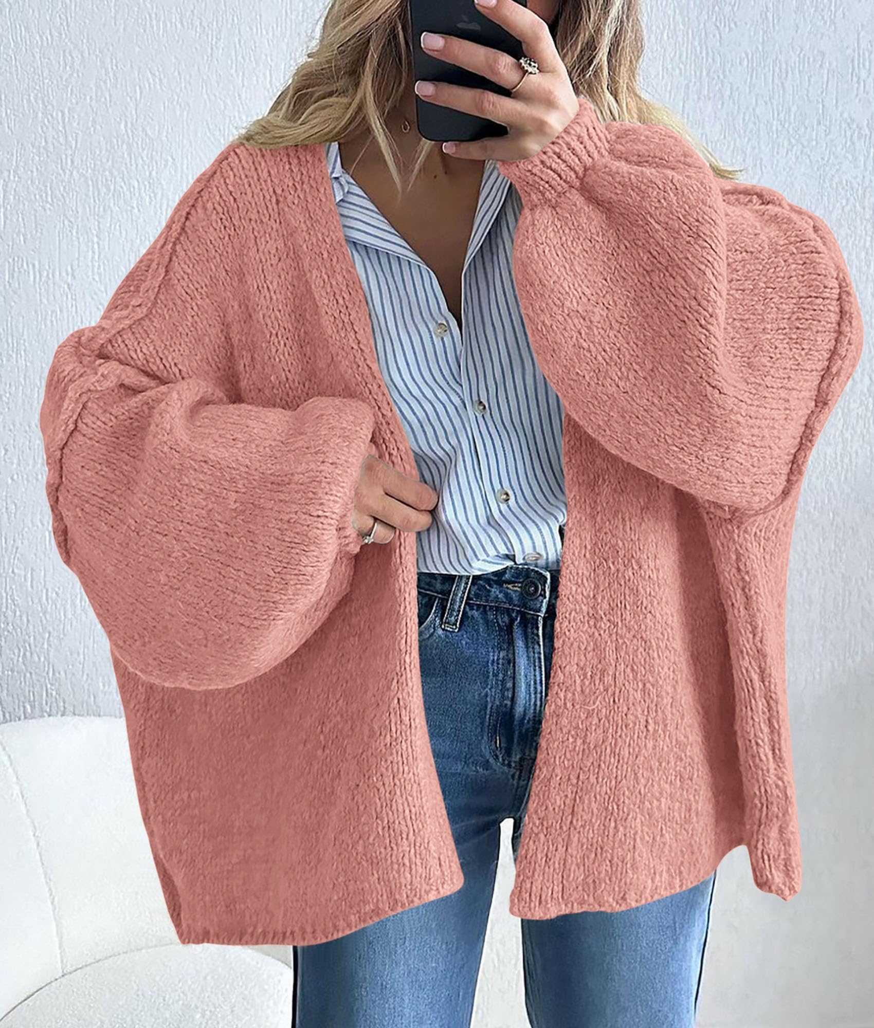 Womens Open Front Oversized Cardigan Sweaters,Light Pink,XS